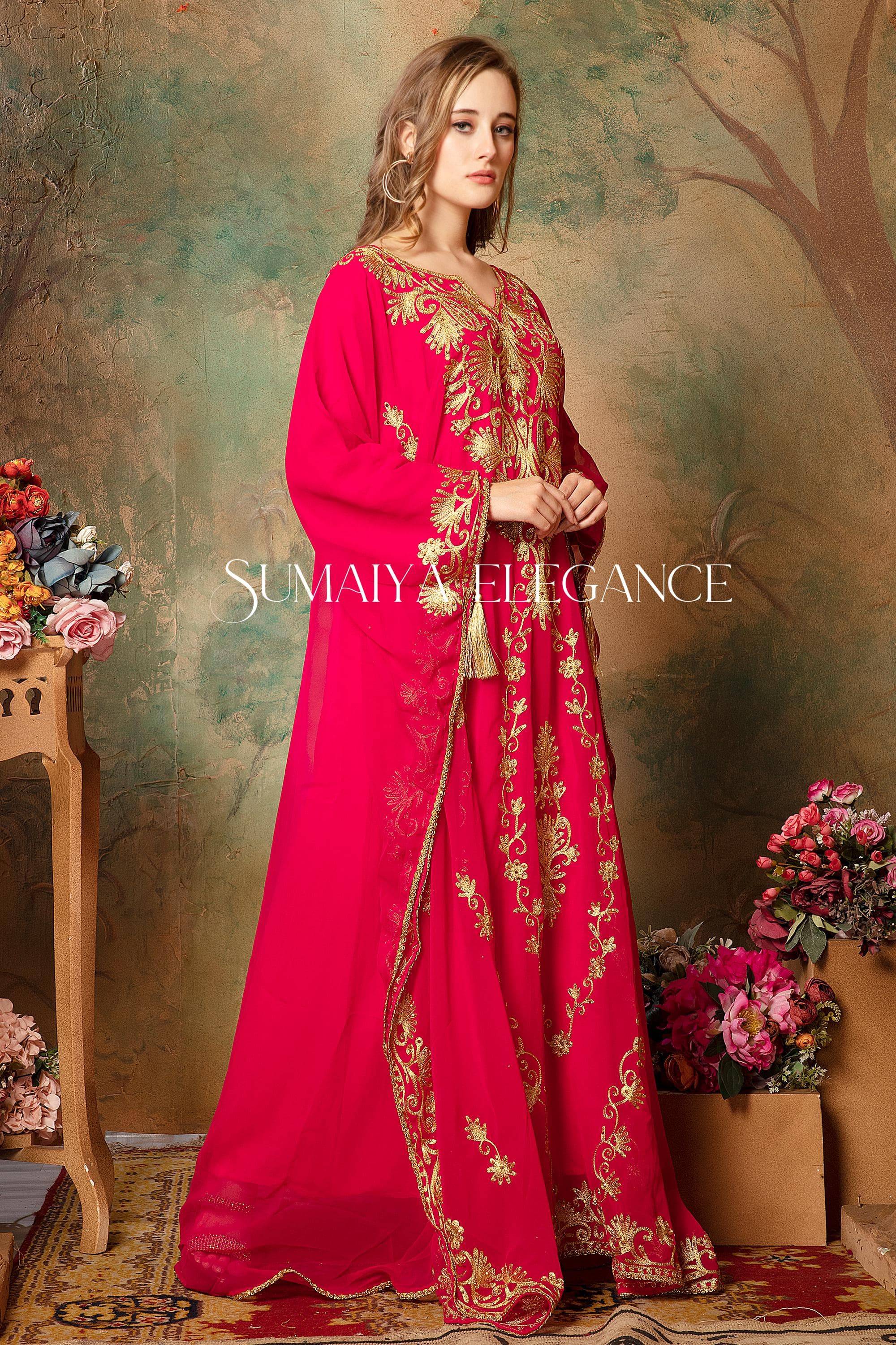 Golden Aari Embroidered Dubai Caftan Abaya Dress with Head Scarf - image 4