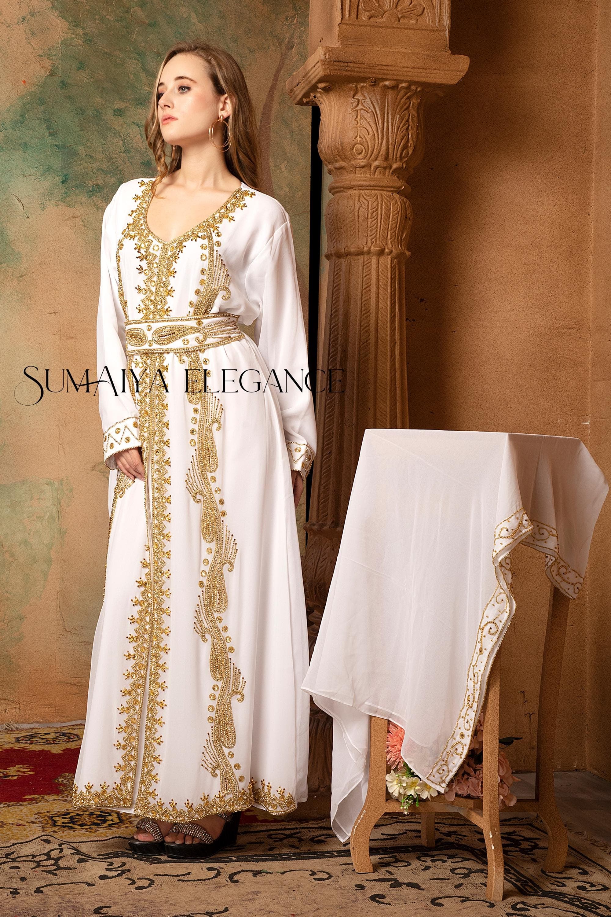 Hand Beaded Georgette Kaftan Abaya, Wedding Maxi Gown with Scarf - image 4