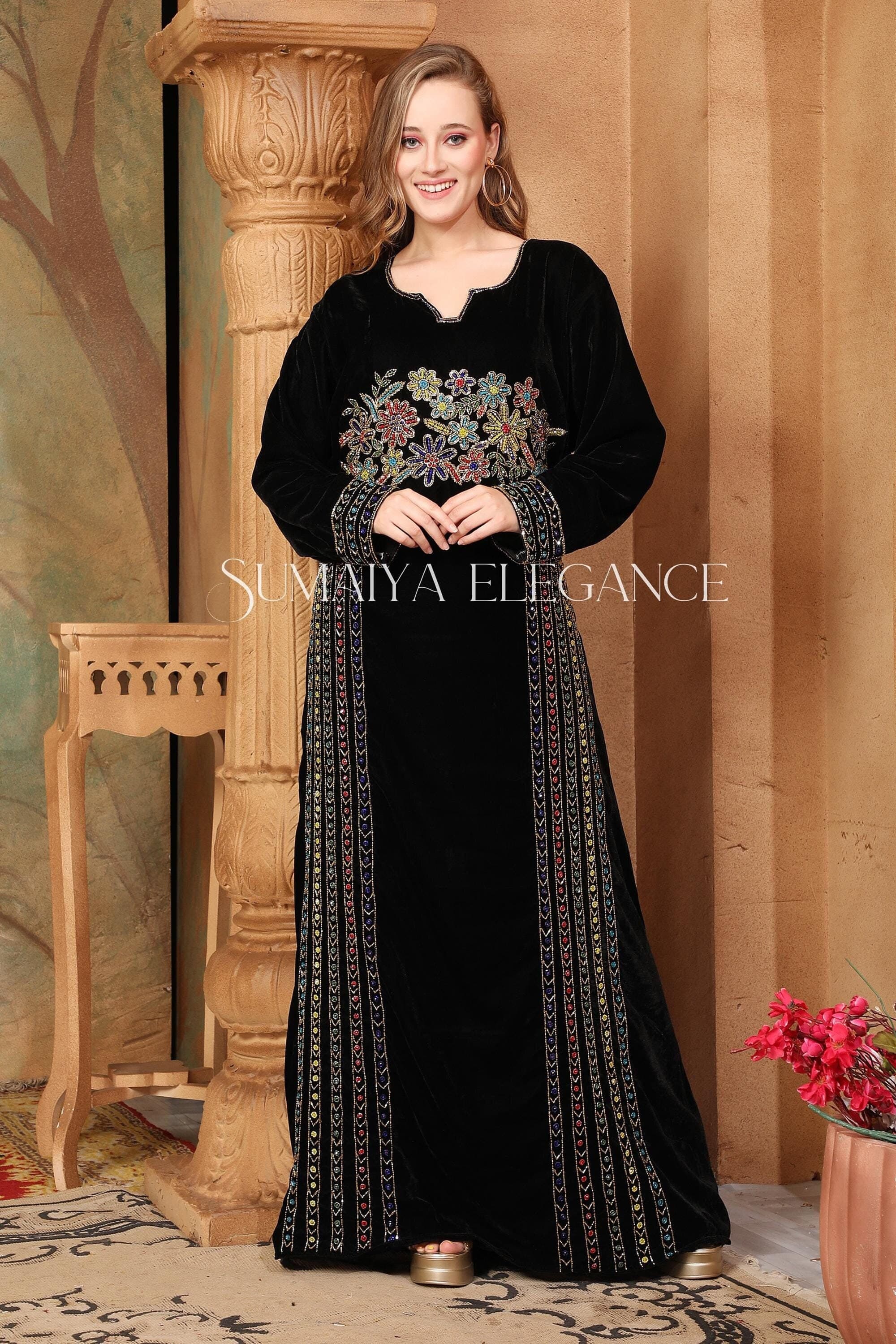 Embroidered Velvet Caftan Gown: Moroccan Abaya, Arabic Party Dress