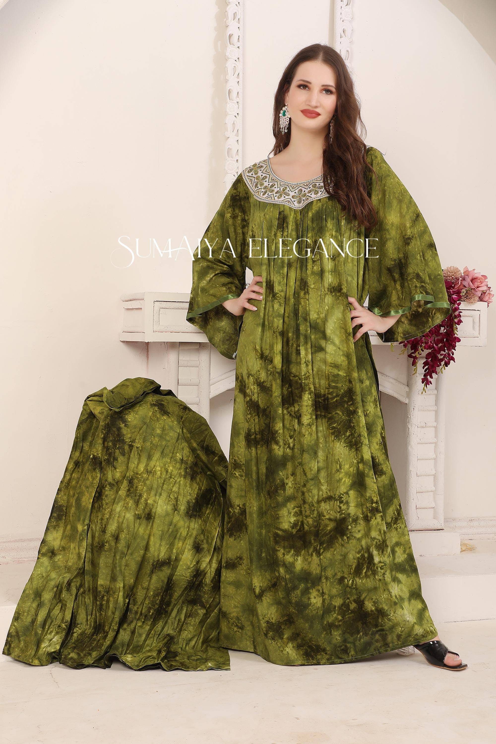 Handmade Rayon Kaftan Dress with Embroidered Neckline and Scarf - image 3