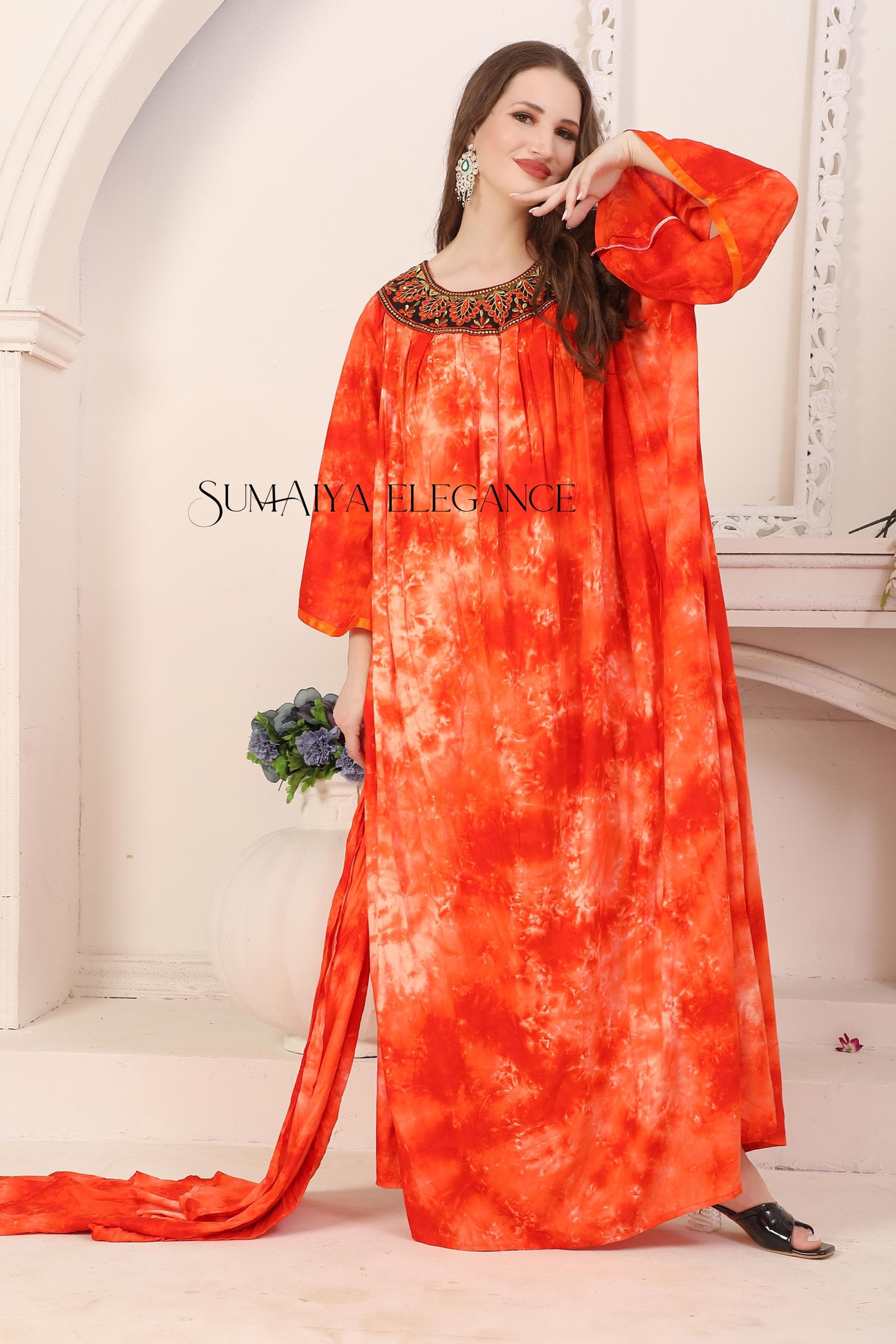 Embroidered Tie-Dye Kaftan Dress with Matching Scarf