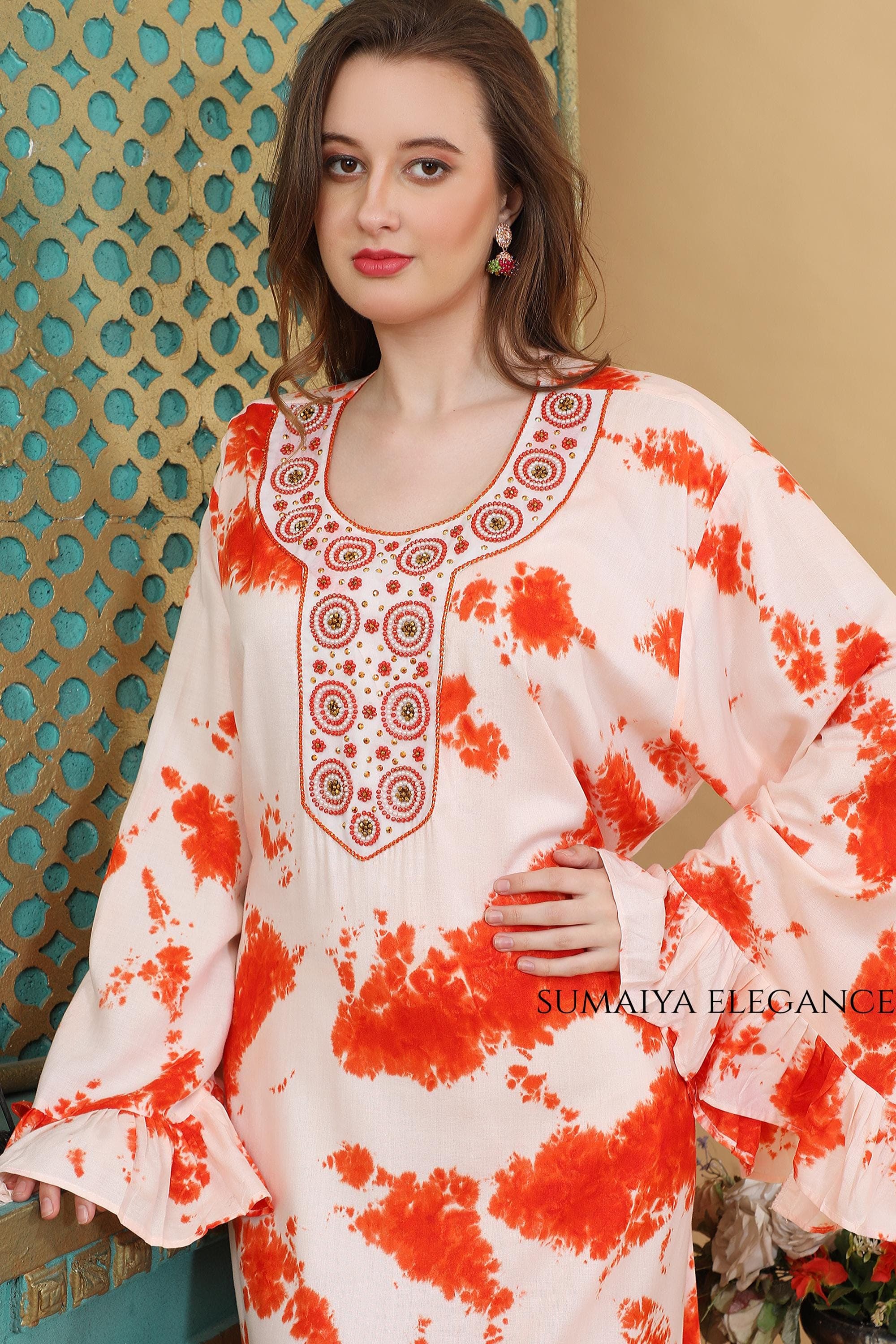 Bohemian Summer Caftan with Statement Sleeves, Elegant Embroidered Beach Gown, Flowy Vacation Maxi Dress, Romantic Ruffle Detail Long Dress