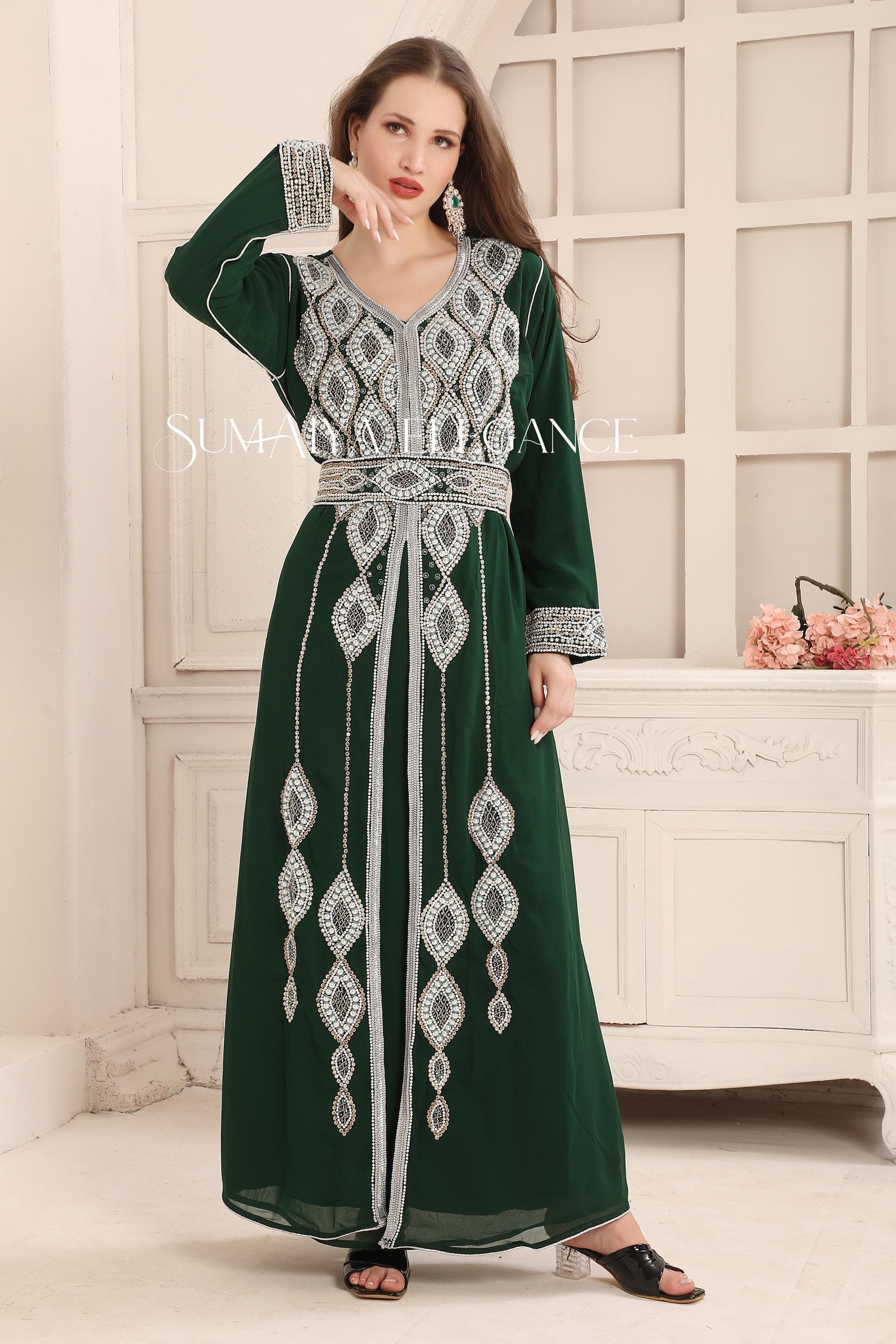 Moroccan Kaftan Silver Embroidered Abaya, Modest Wedding Dress, Henna Night Gown, Plus Size Dubai Farasha, Nikah Outfit Caftan, Ramadan
