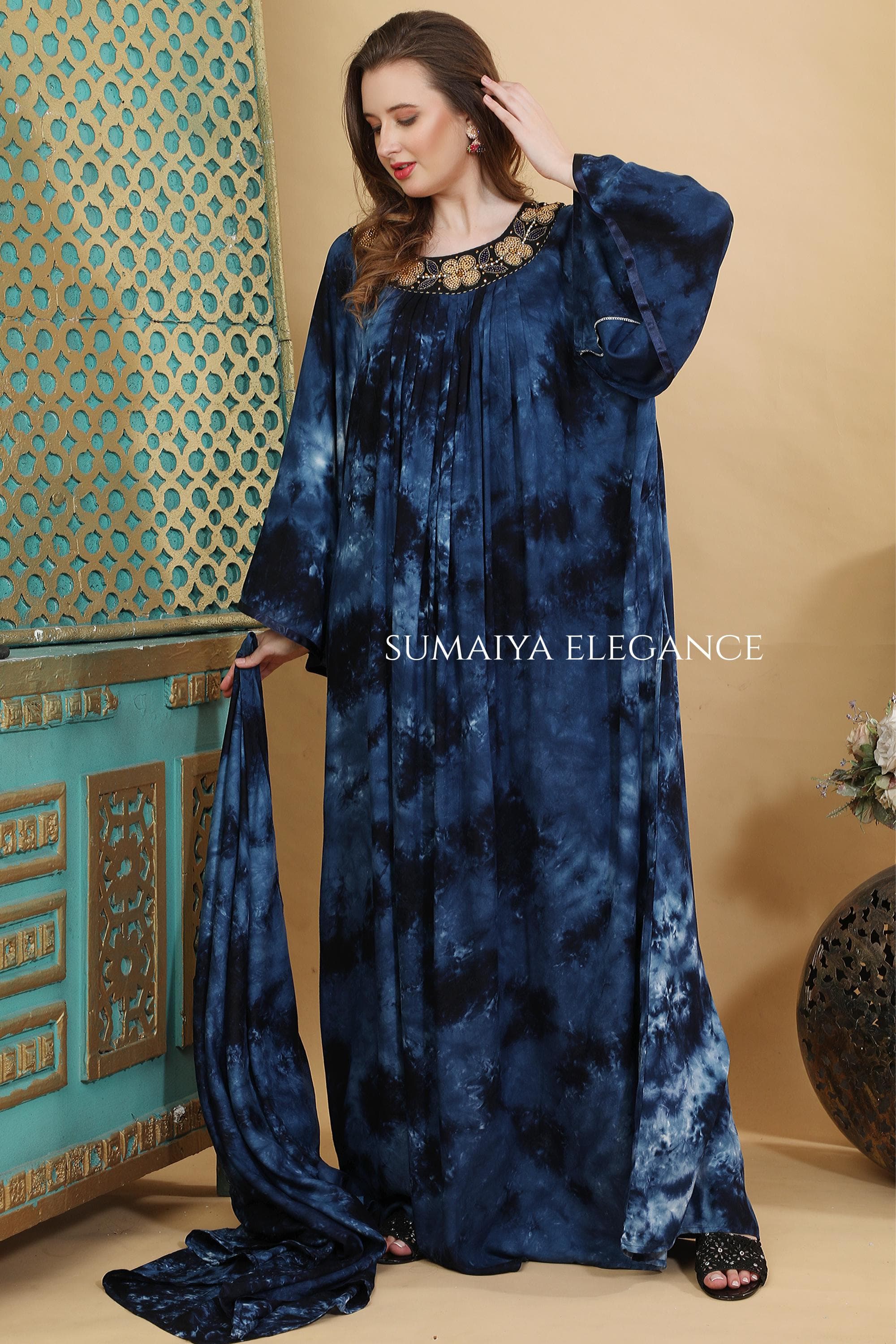 Kaftan Maxi Abaya Dress with Embroidered Neckline, Plus Size Loose Fit Gown, Modest Evening Party Dress - image 3