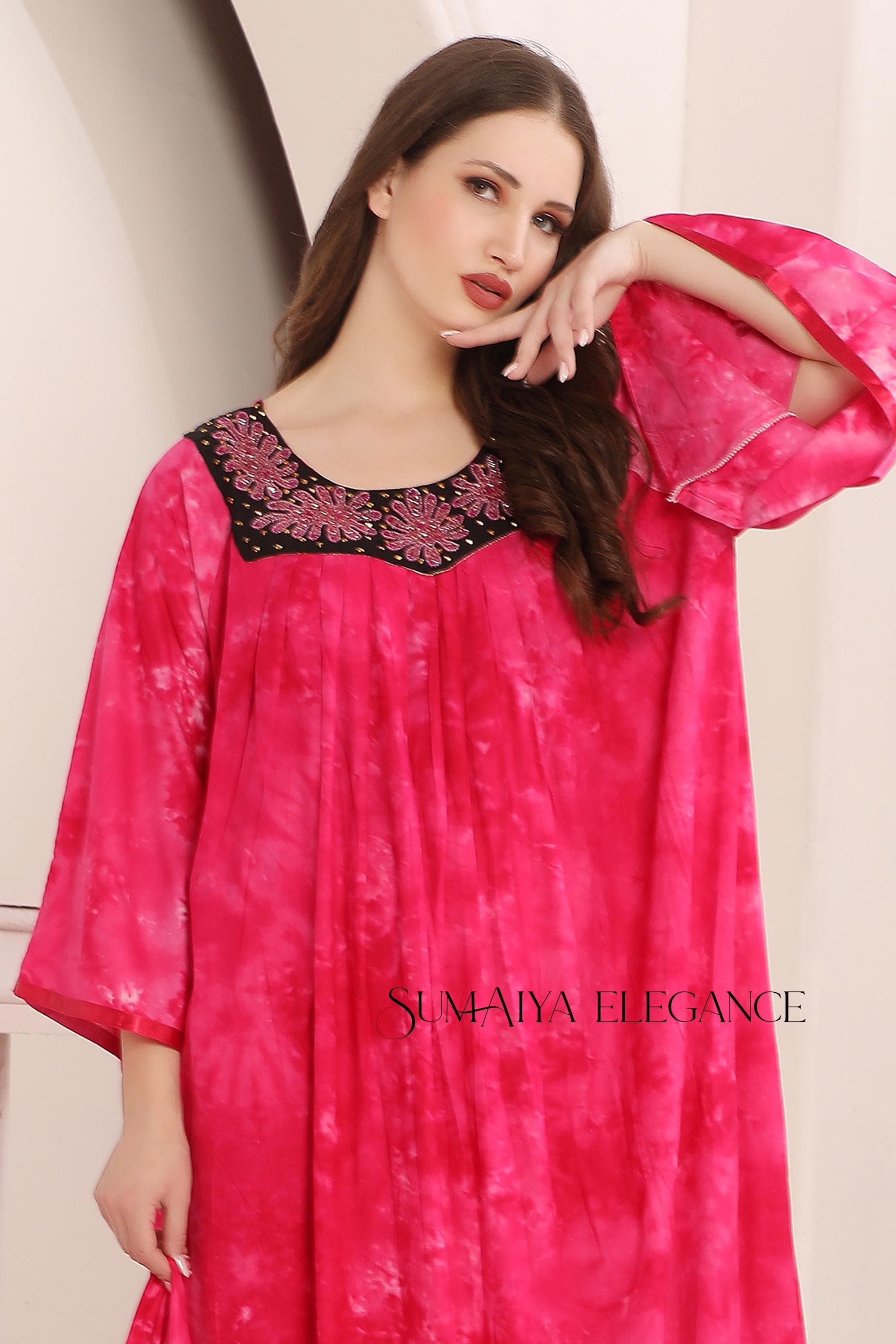 Handmade Tie Dye Kaftan Dress: Embroidered Neckline, Matching Scarf