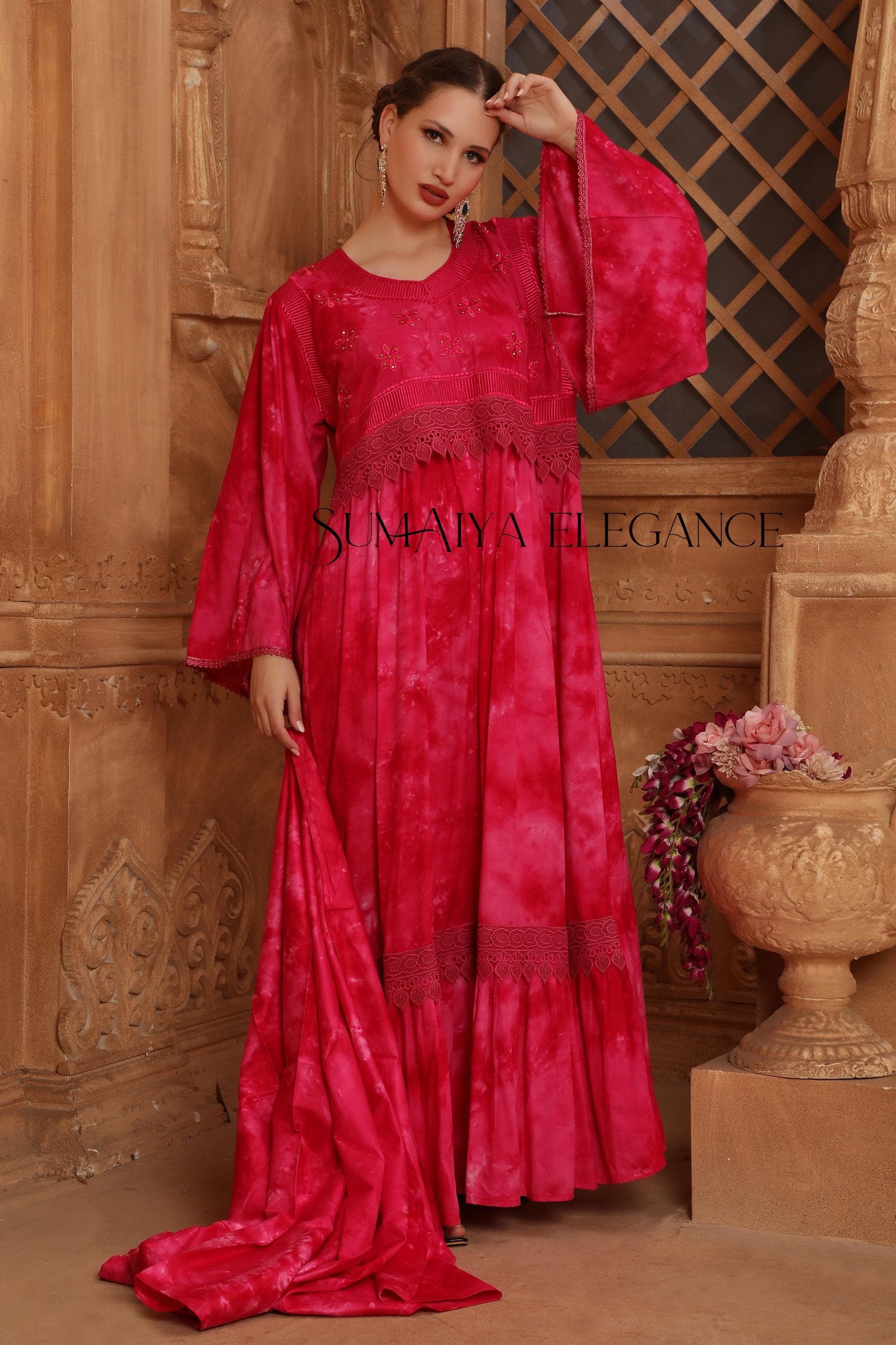 Embroidered Dubai Kaftan Abaya with Scarf, Flared Lace Sleeve Maxi Dress - image 3