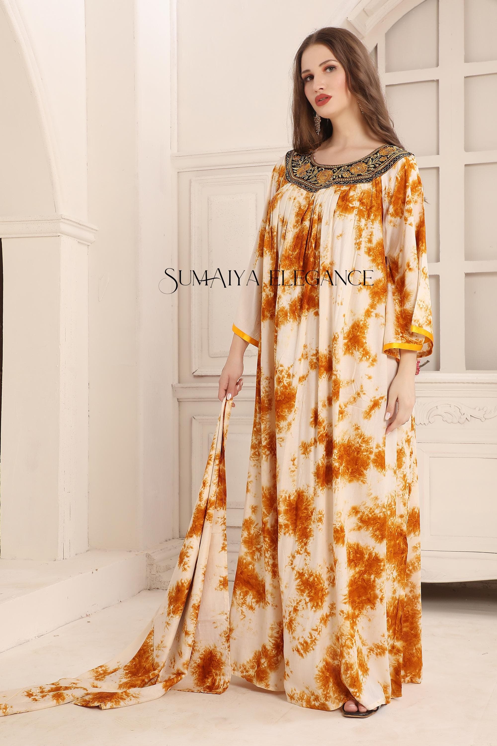 Embroidered Tie Dye Kaftan Abaya with Scarf – Handmade Maxi Dress - image 4