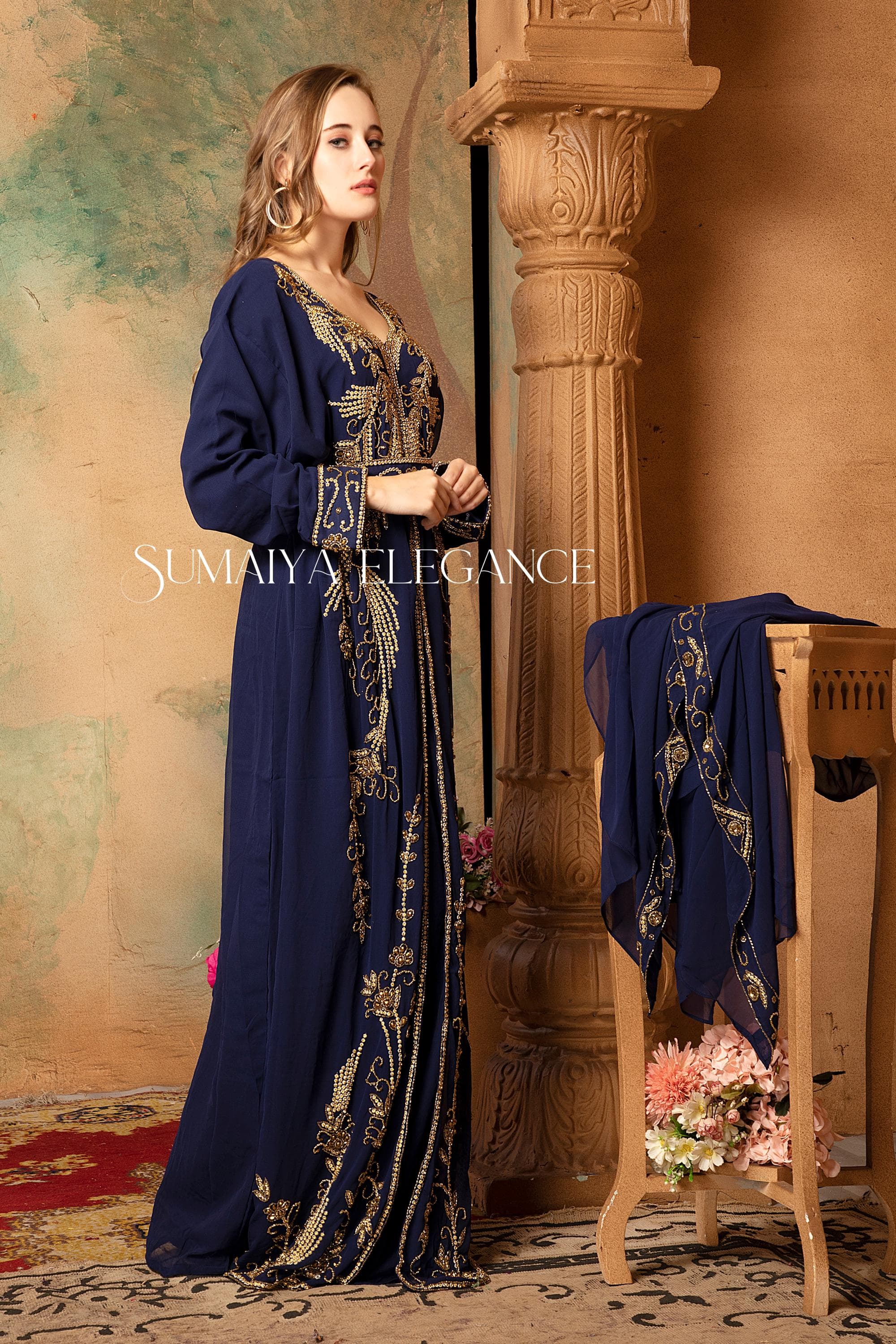 Farah Takchita Moroccan Caftan Arabic Abaya Kaftan Dubai Fancy Hand Beaded Party Wear Wedding Long Gown Stylish Dress Comes with Scarf Free - image 5
