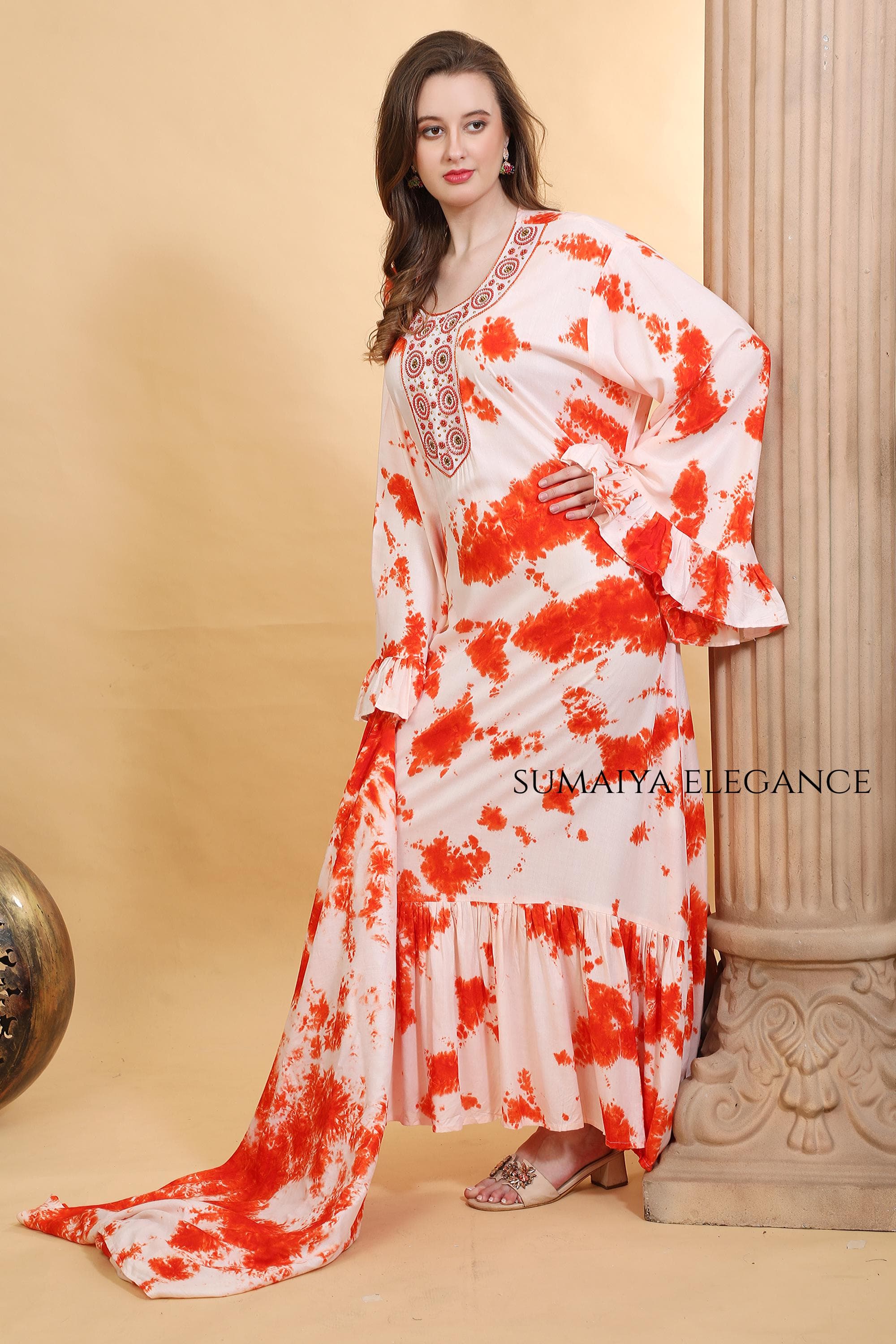 Bohemian Summer Caftan with Statement Sleeves, Elegant Embroidered Beach Gown, Flowy Vacation Maxi Dress, Romantic Ruffle Detail Long Dress - image 5