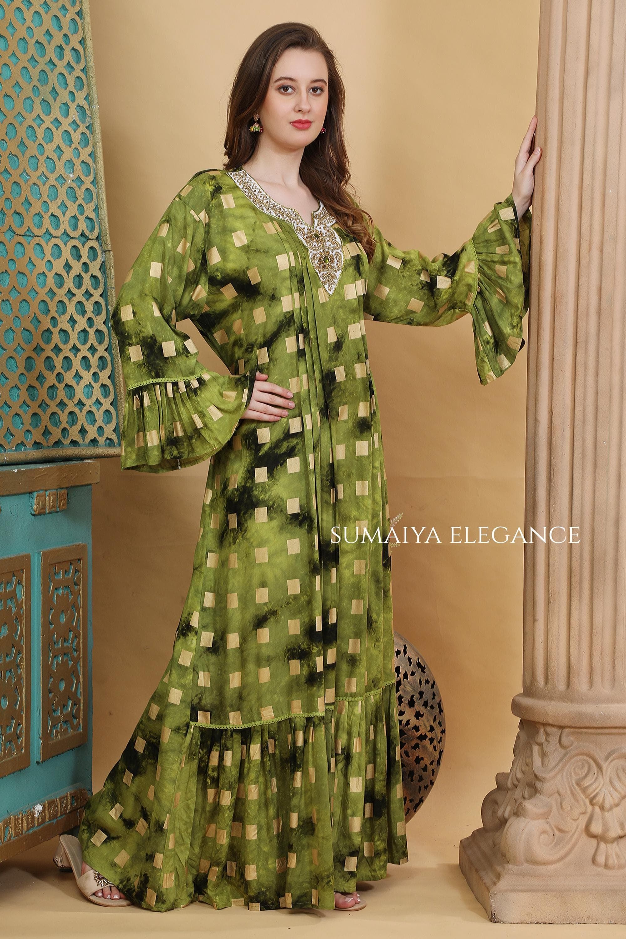 Embellished Geometric Kaftan Dress  Hand-Dyed Boho Maxi Gown with Flared Bell Sleeves  Elegant Embroidered V-Neck Abaya Loungewear - image 3