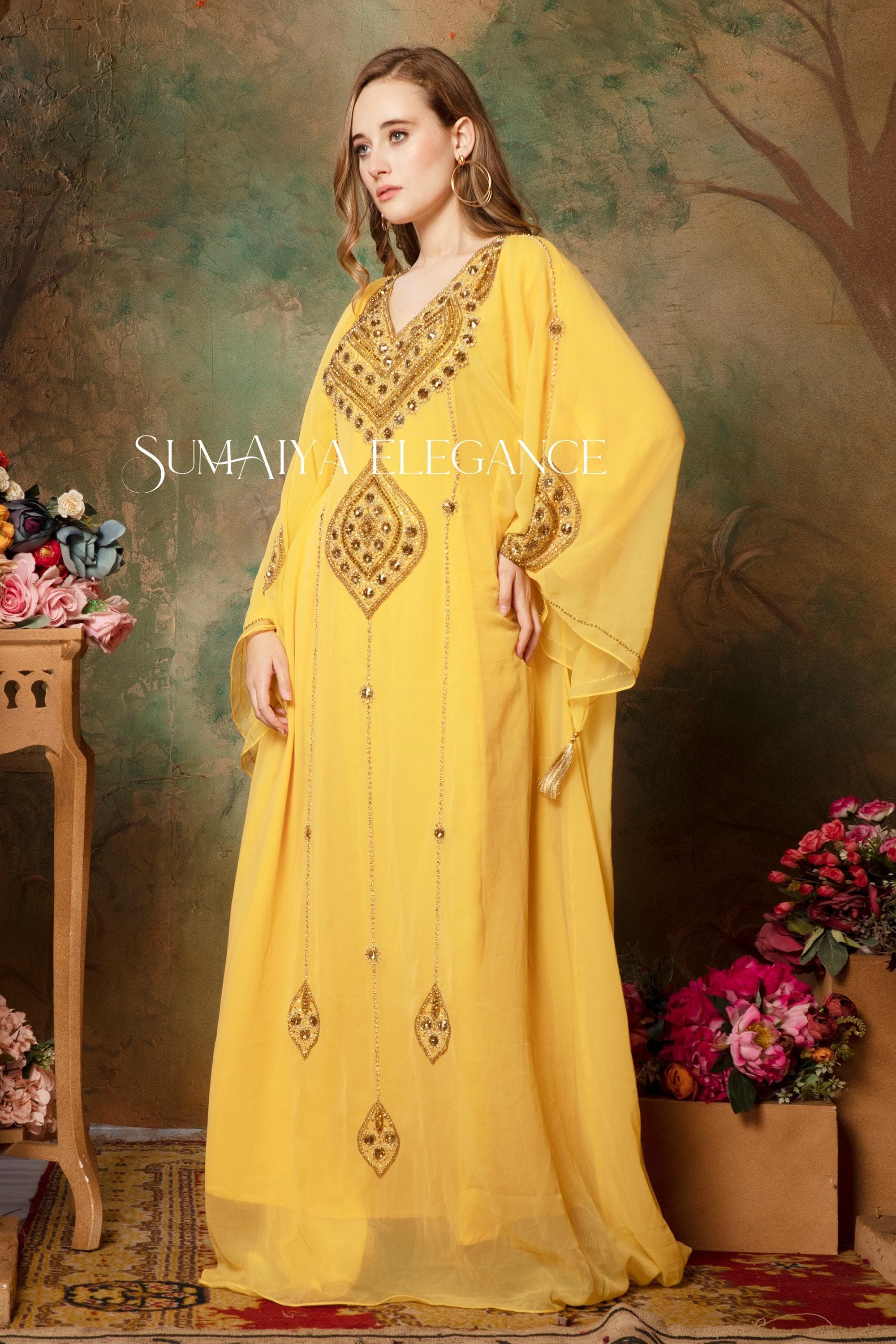 Hand Beaded Moroccan Caftan, Georgette Arabic Takchita with Scarf - image 5