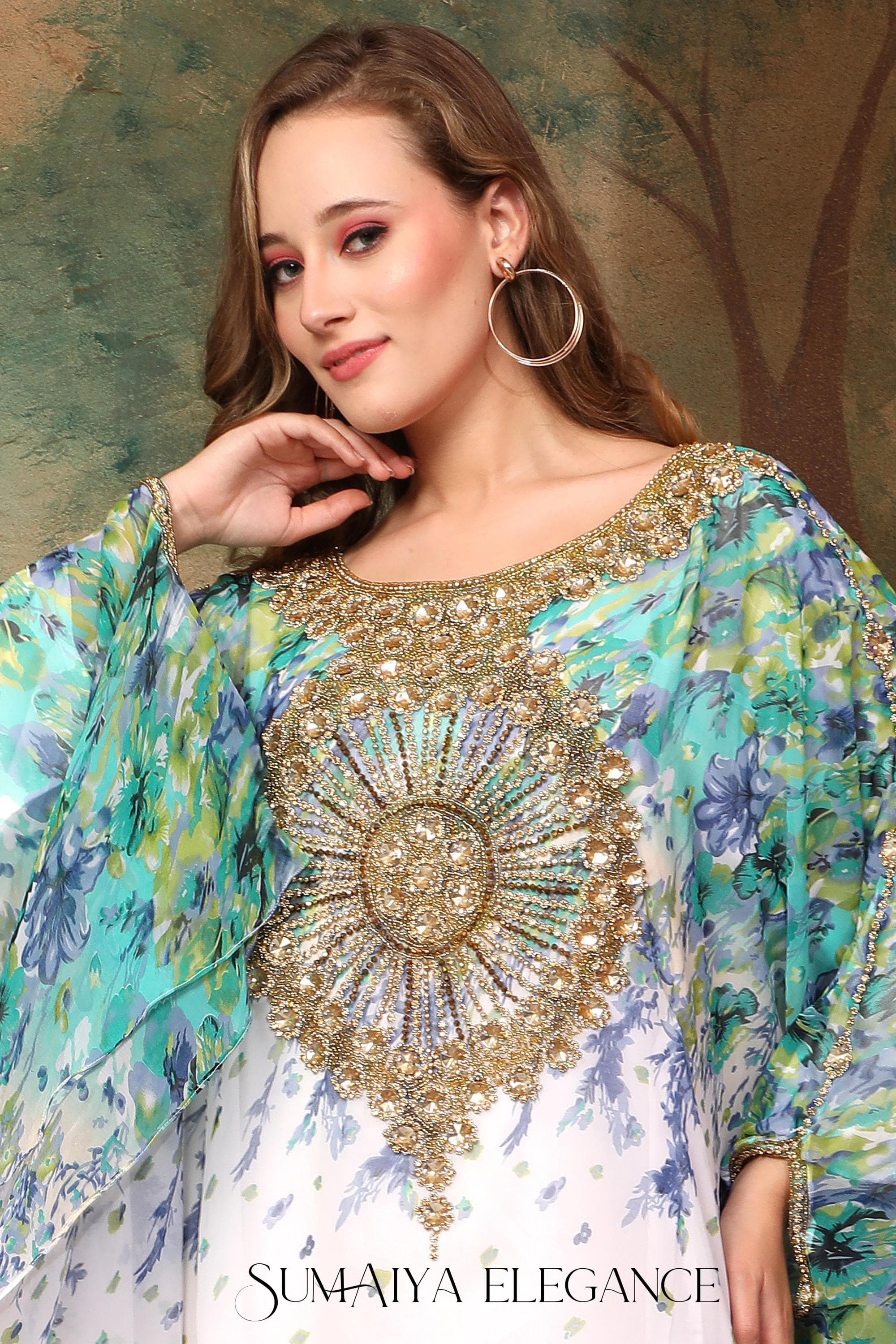 Hand Beaded Moroccan Kaftan Abaya Dress with Scarf - image 3