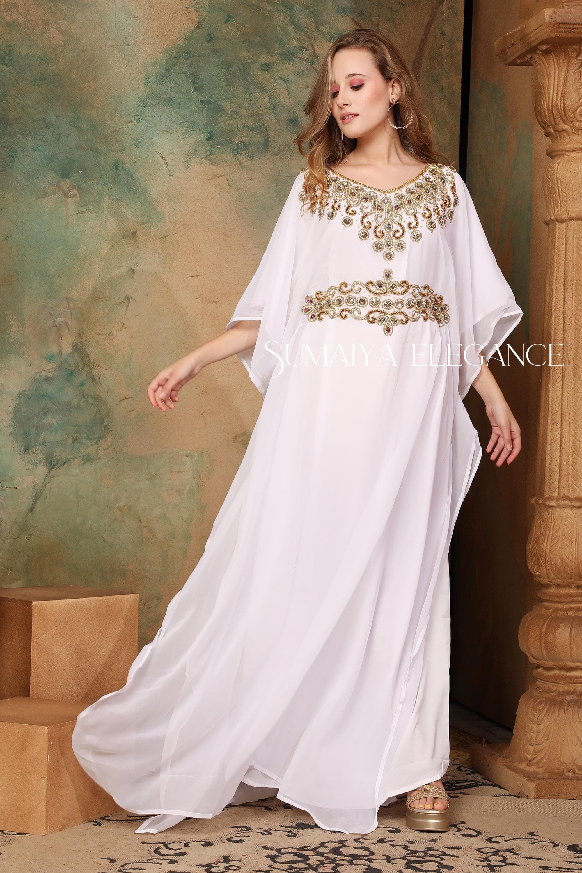 Handmade Golden Beaded Kaftan Dress, Georgette Abaya with Scarf