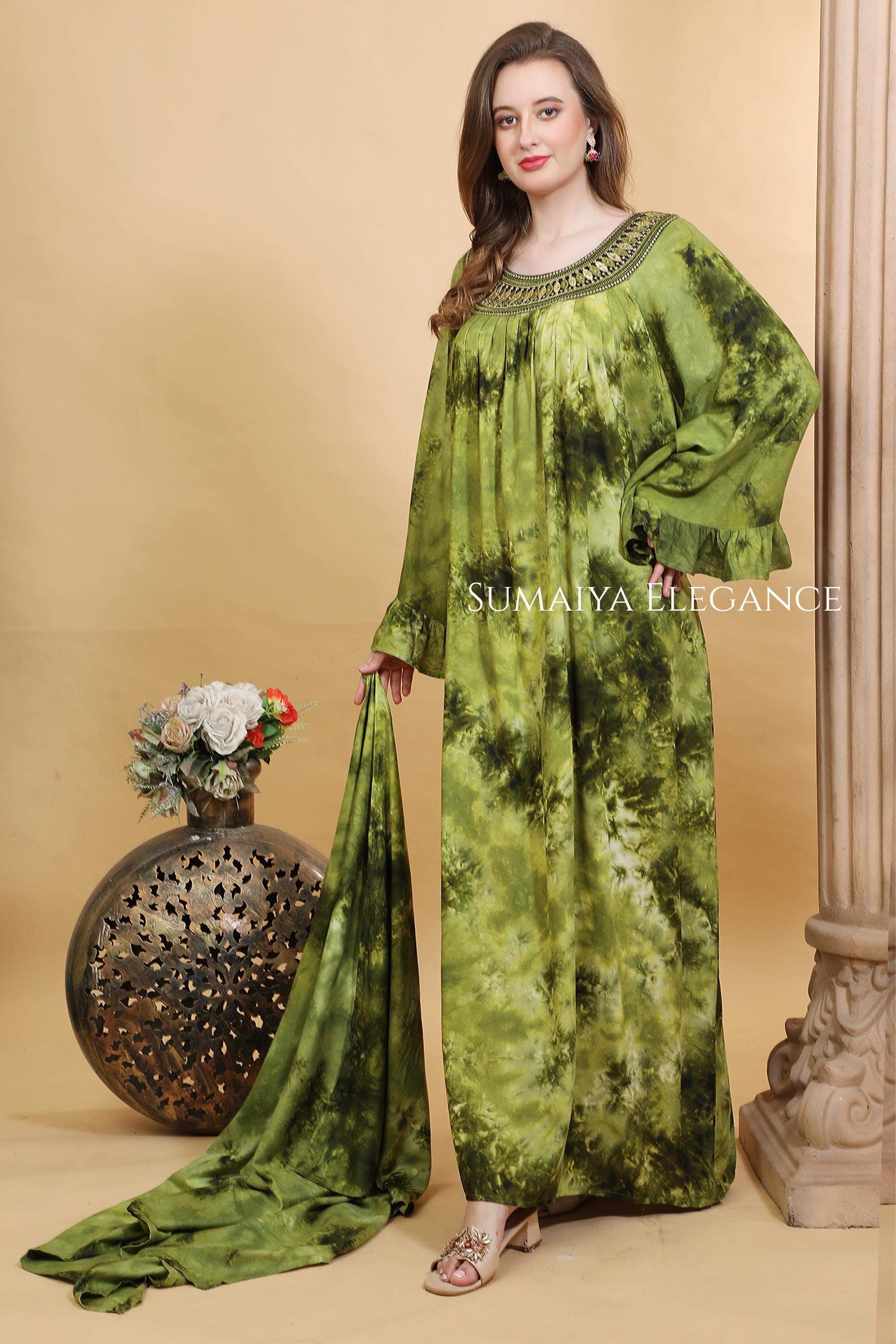 Handmade Long Caftan Set | Embellished Neckline Moroccan Abaya | Elegant Ruffle Sleeve Evening Resort Wear - image 4