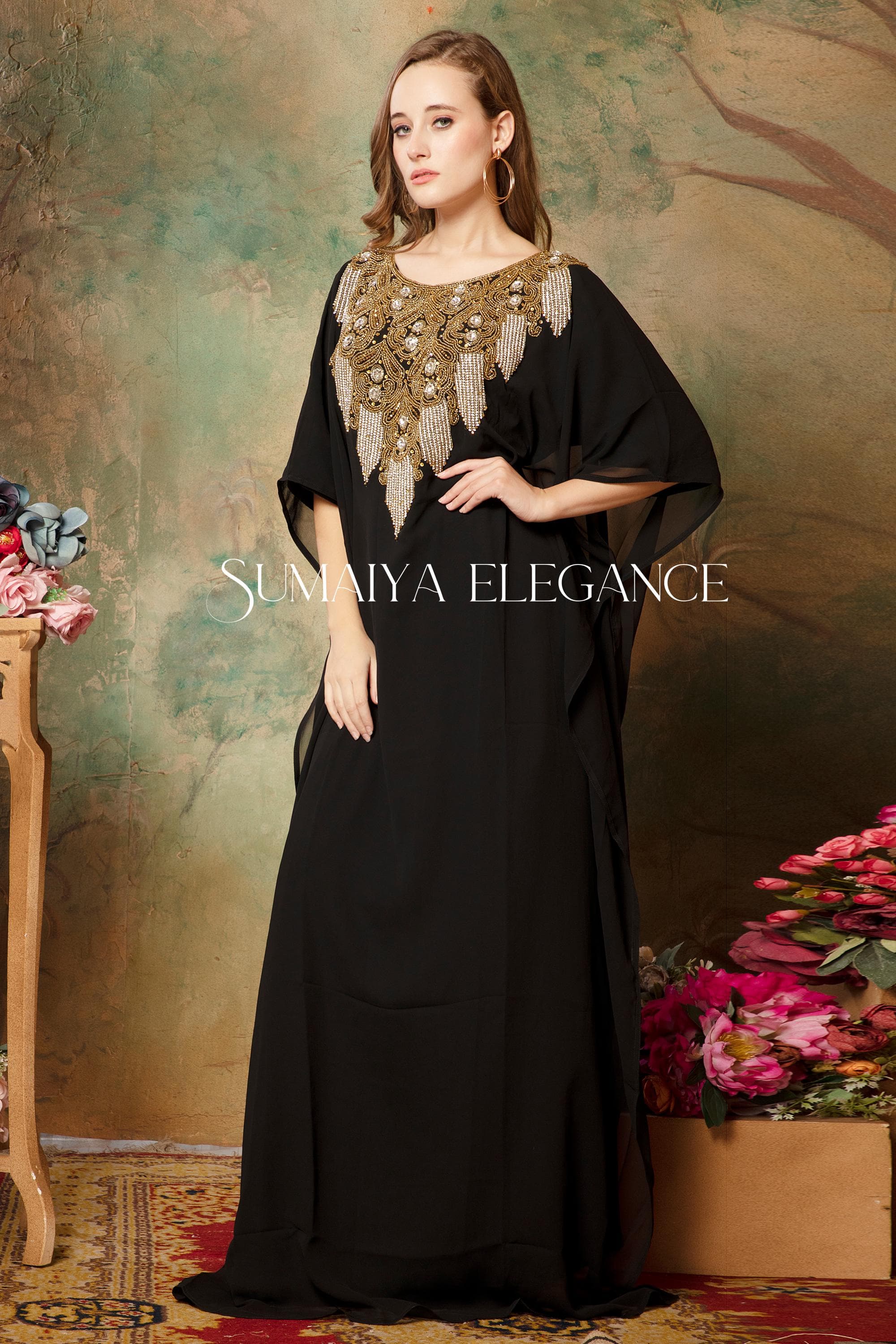 Embellished Georgette Kaftan Abaya with Headscarf - image 4