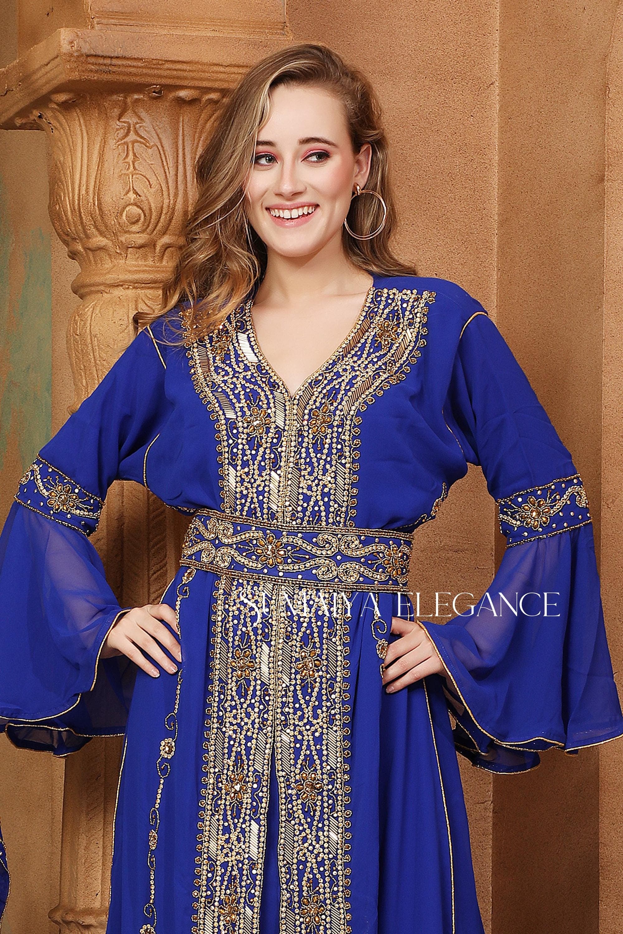 Hand Beaded Moroccan Caftan, Dubai Georgette Abaya Dress with Scarf - image 3