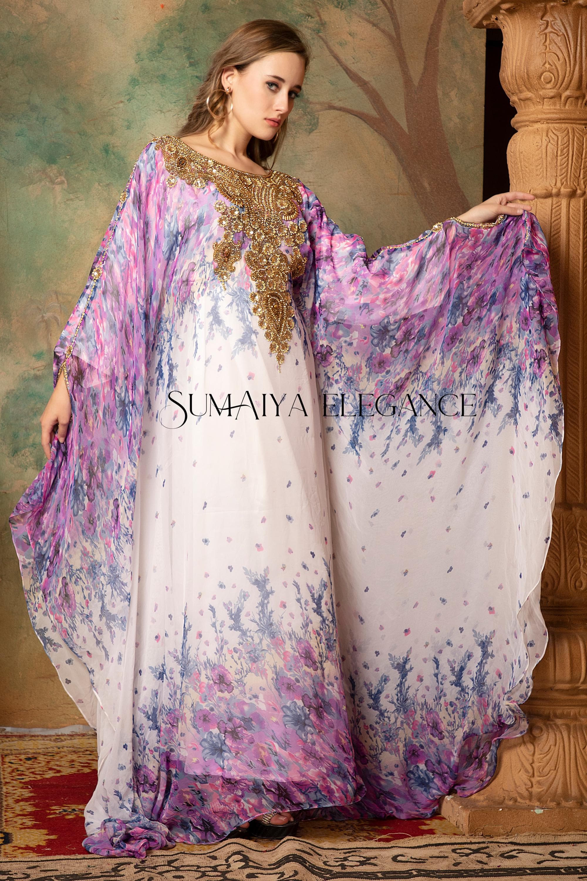 Floral Georgette Kaftan Dress, Hand-Embellished Abaya with Headscarf - image 5
