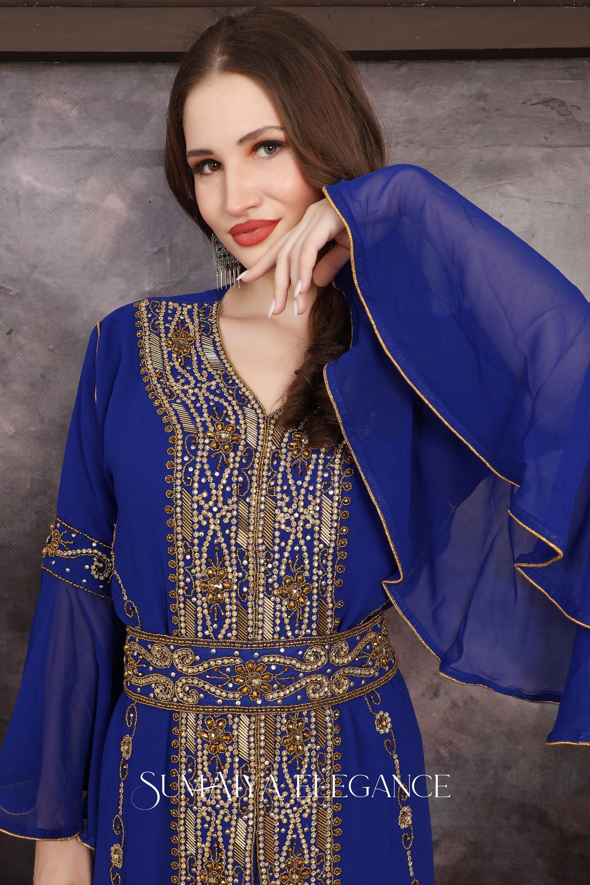 Hand Beaded Georgette Kaftan – Moroccan Dubai Abaya Dress with Scarf - image 3
