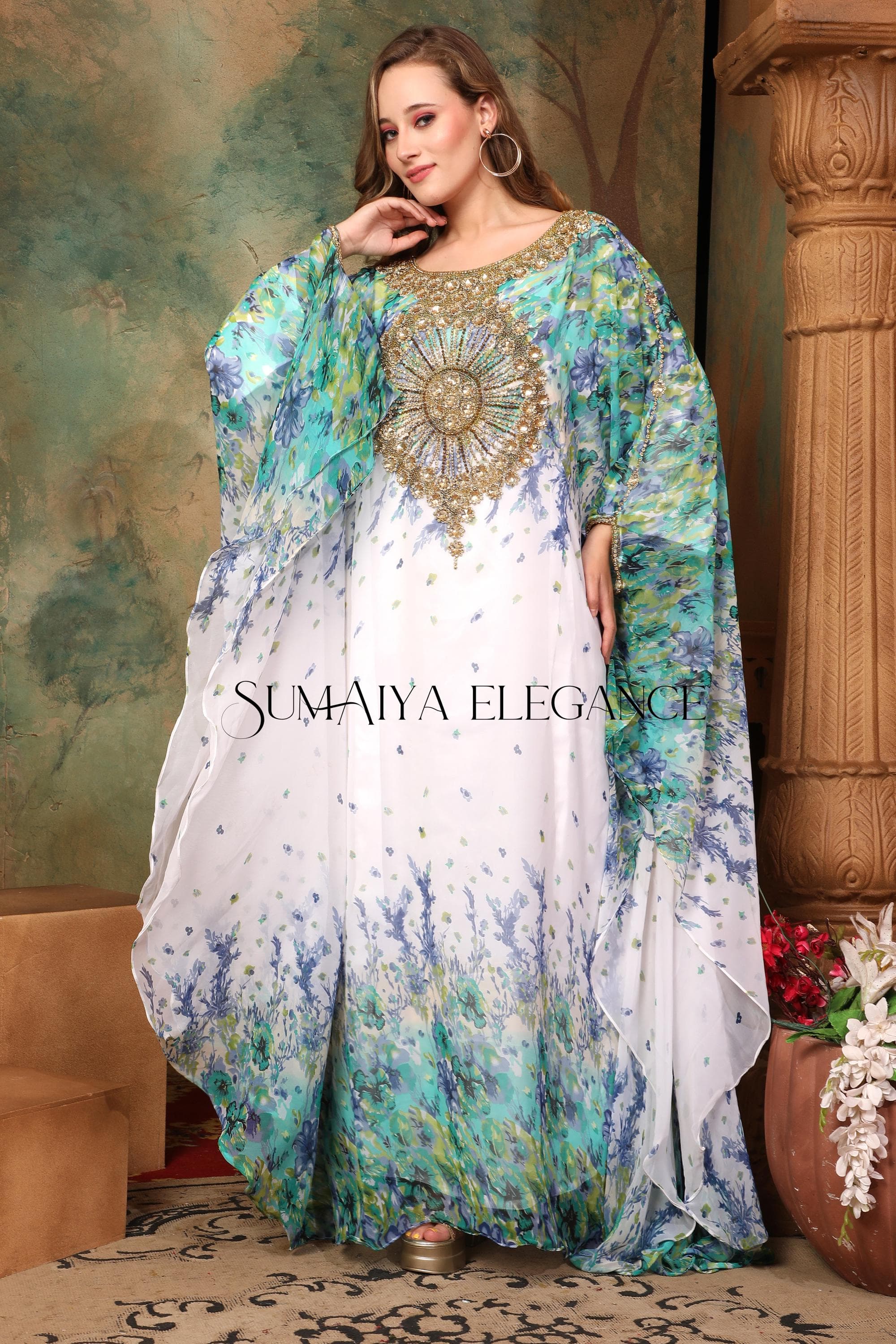 Hand Beaded Moroccan Kaftan Abaya Dress with Scarf - image 5