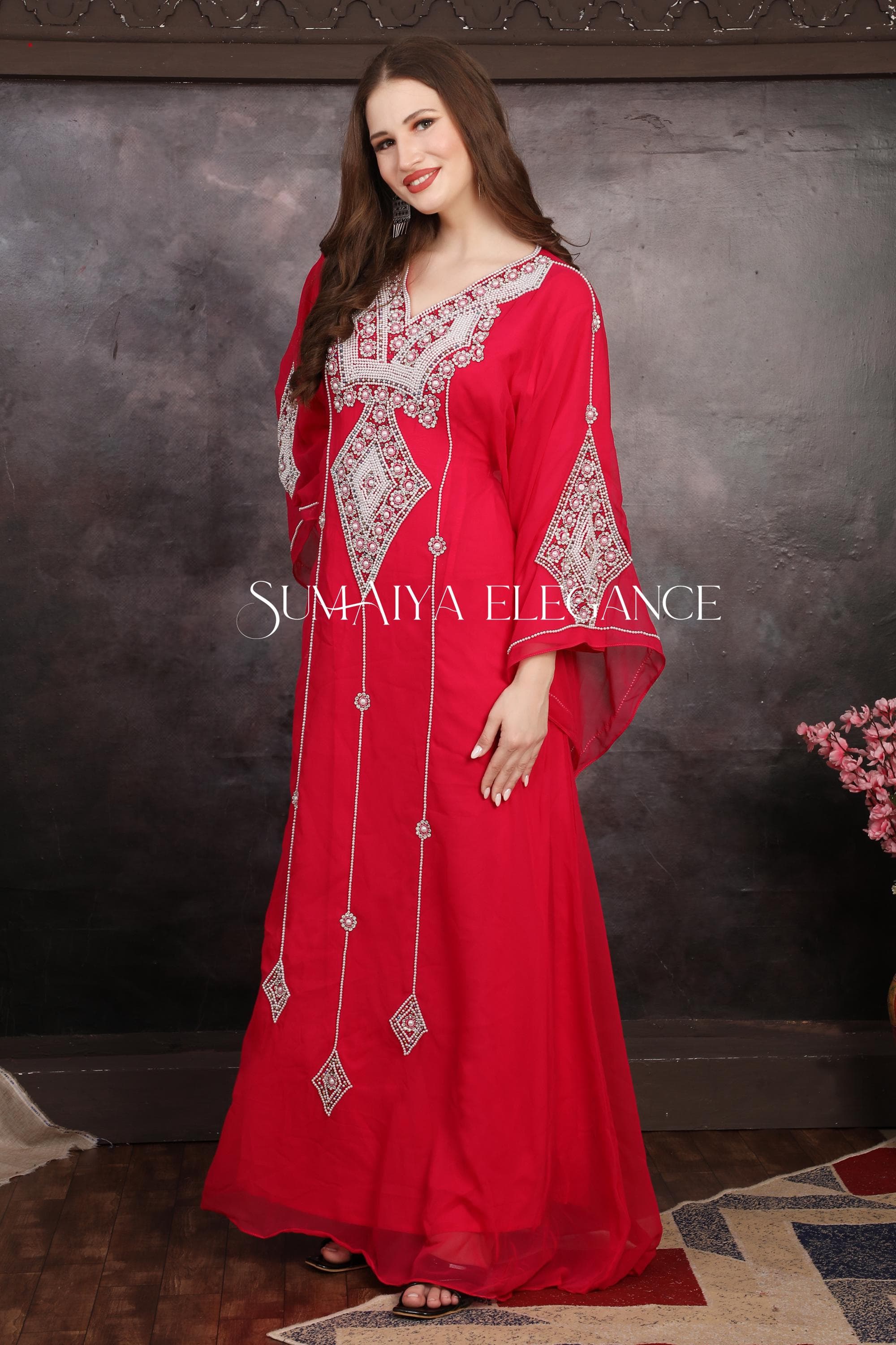 Hand Beaded Moroccan Kaftan Dress, Dubai Abaya with Scarf - image 5