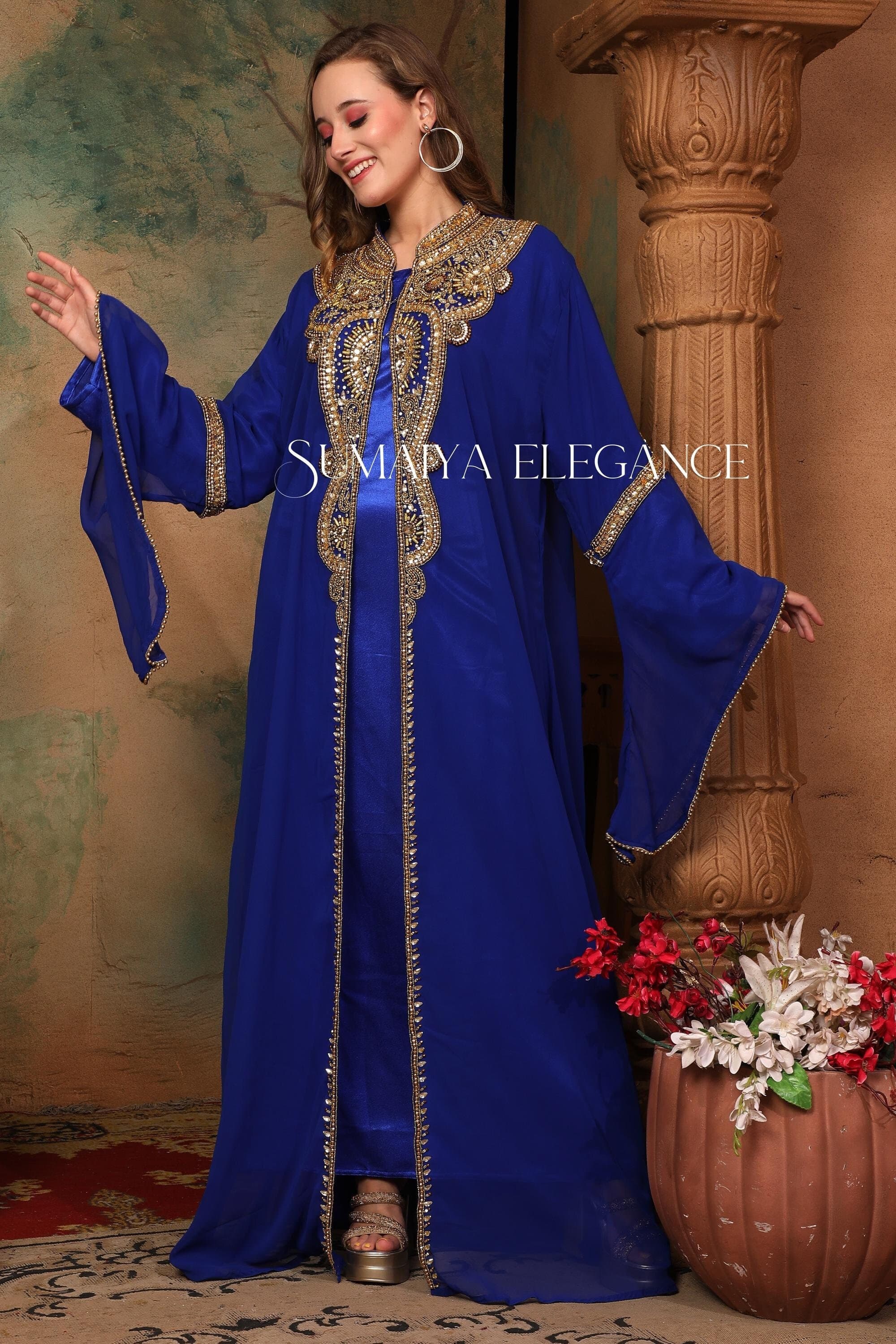 Hand Beaded Georgette Kaftan: Moroccan Abaya, Dubai Style