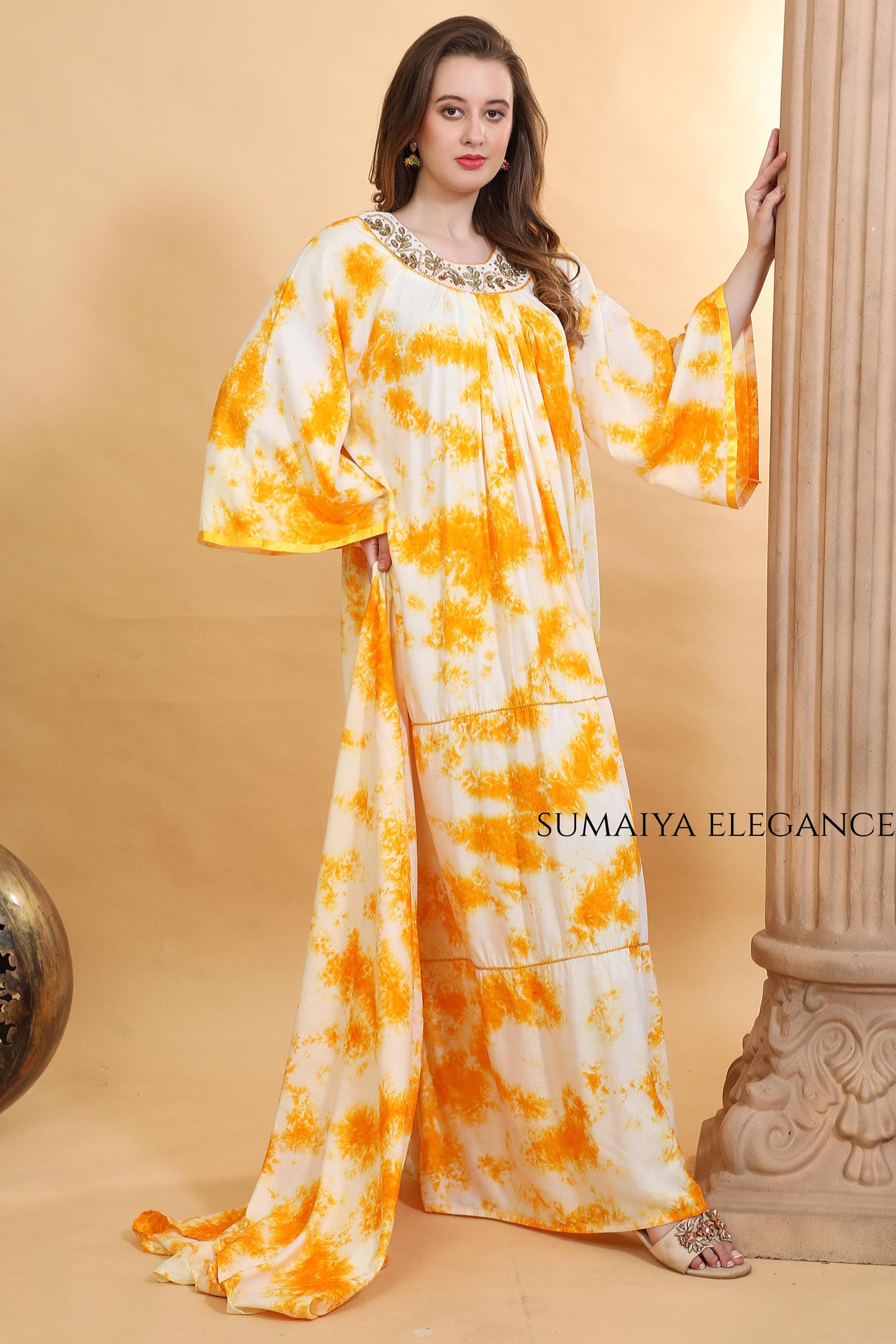 Hand Embroidered Neck Kaftan Dress, Loose Fit Maxi Farasha, Modest Boho Loungewear, Flowy Sleeve Resort Wear for Women