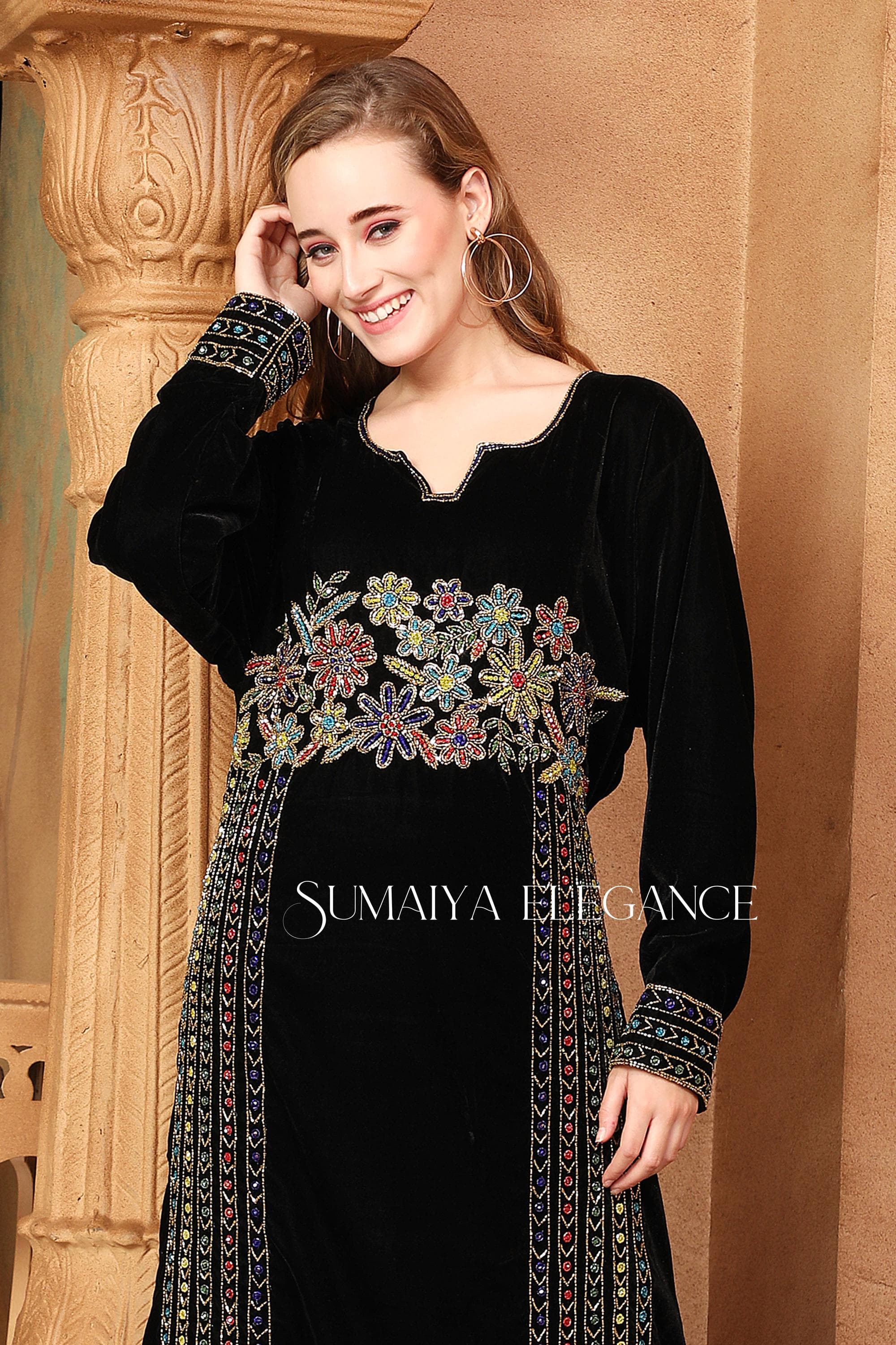 Embroidered Velvet Caftan Gown: Moroccan Abaya, Arabic Party Dress - image 4