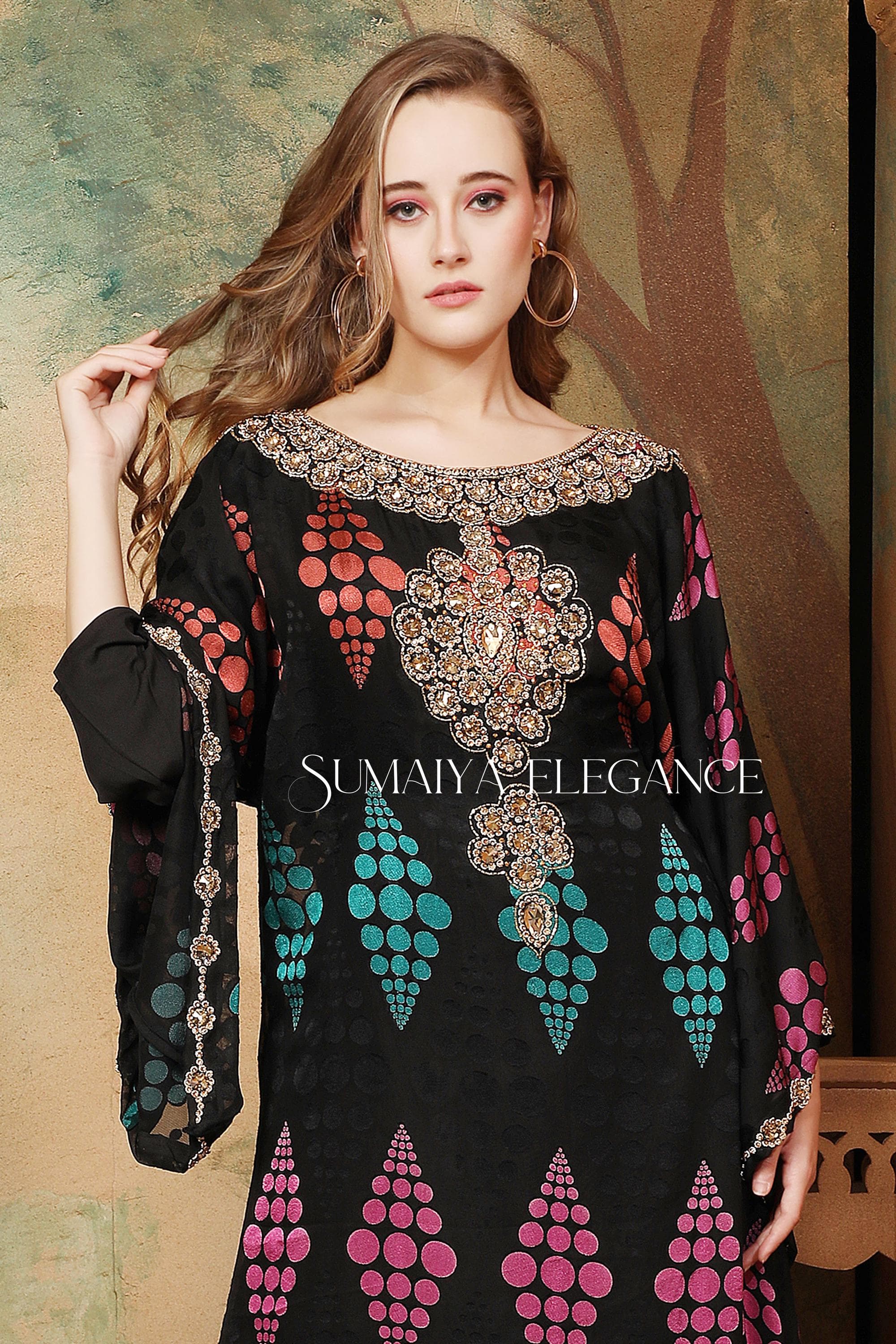 Printed Georgette Caftan, Moroccan Dubai Style, Embellished Abaya - image 3