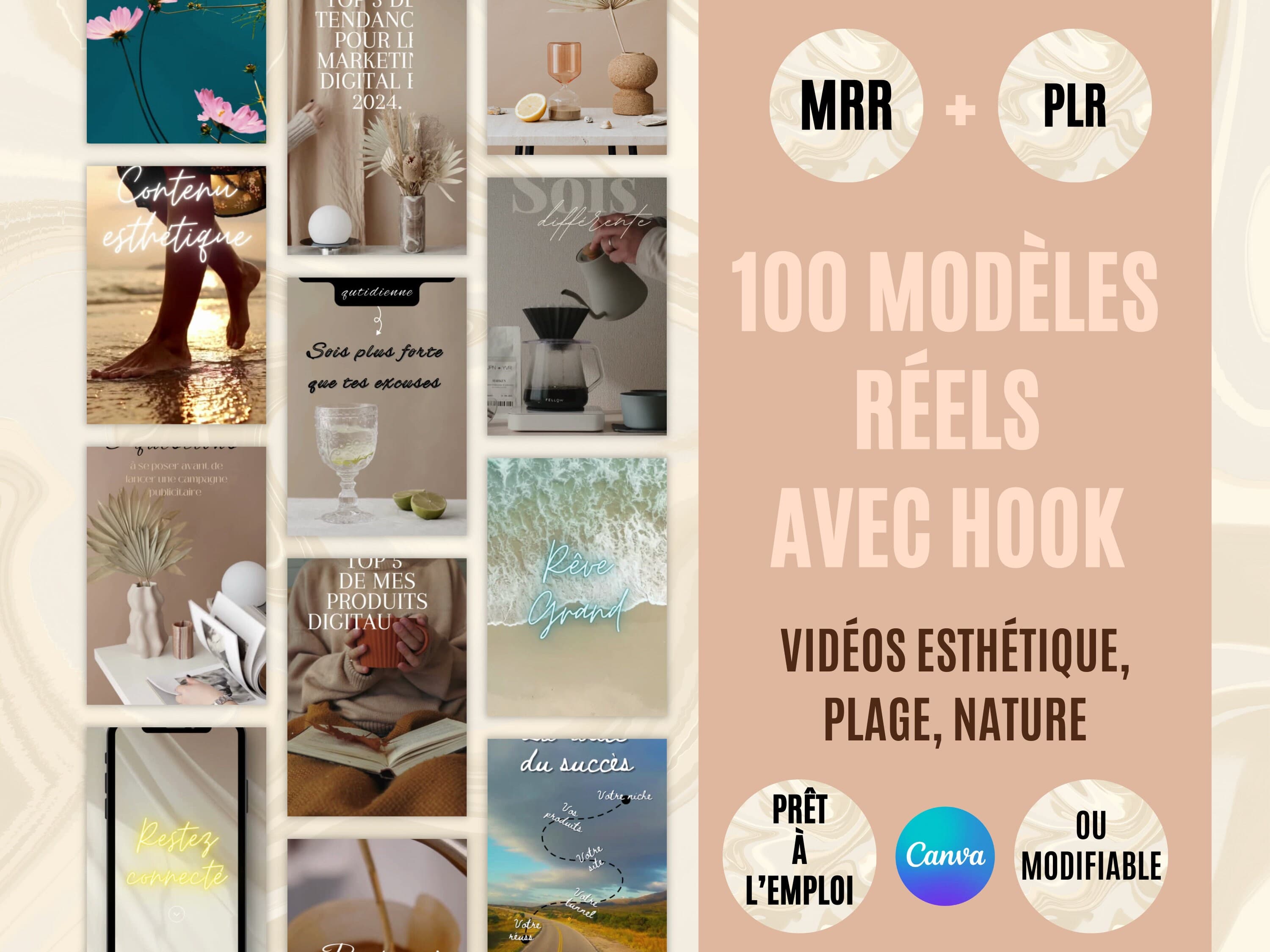 Réels français avec hook, 100 modèles vidéo Instagram personnalisable avec droit de revente, produits PLR ,Vidéos faceless marketing PLR