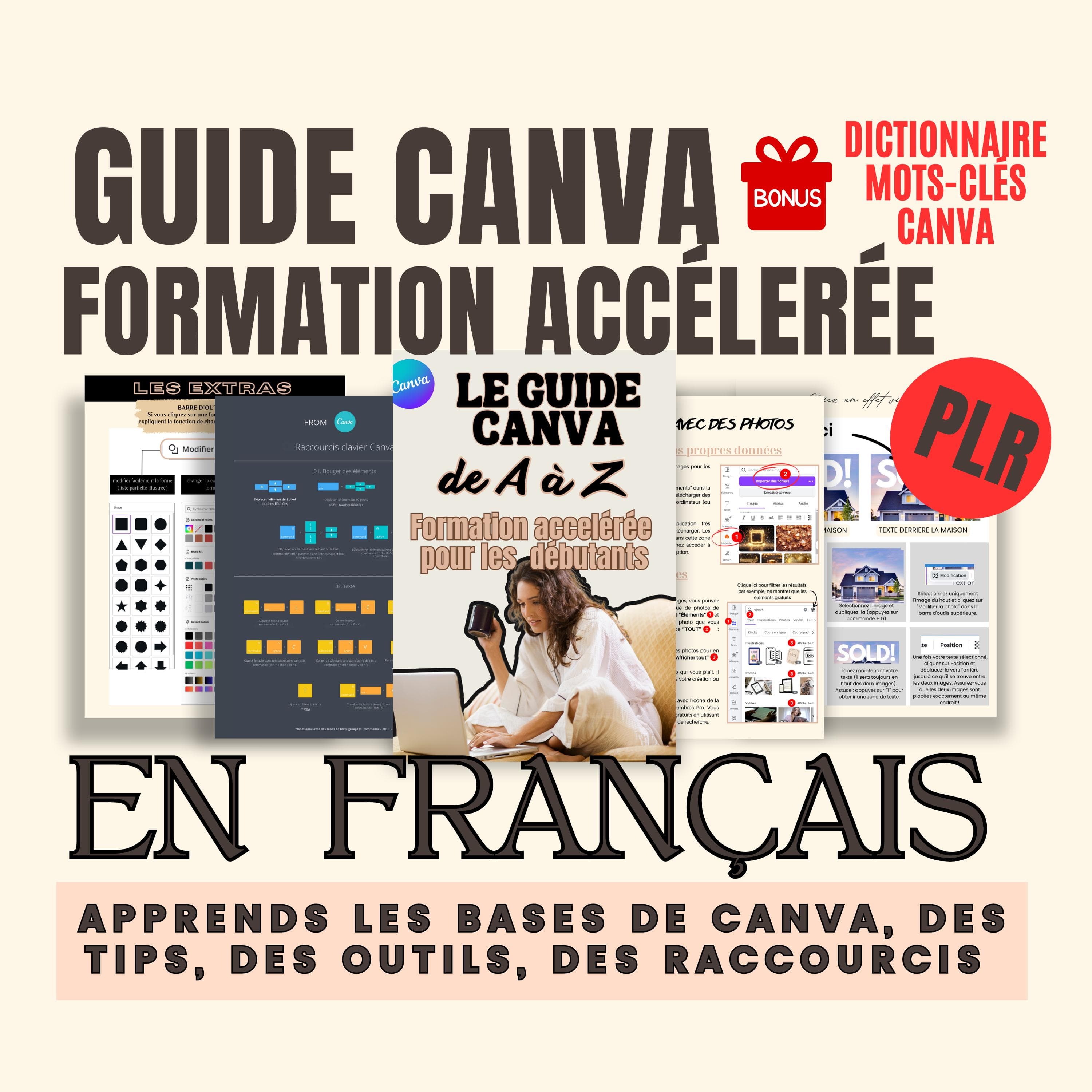 Couverture du guide Canva pour débutants en français – formation visuelle accélérée pour apprendre à créer des designs professionnels avec Canva.