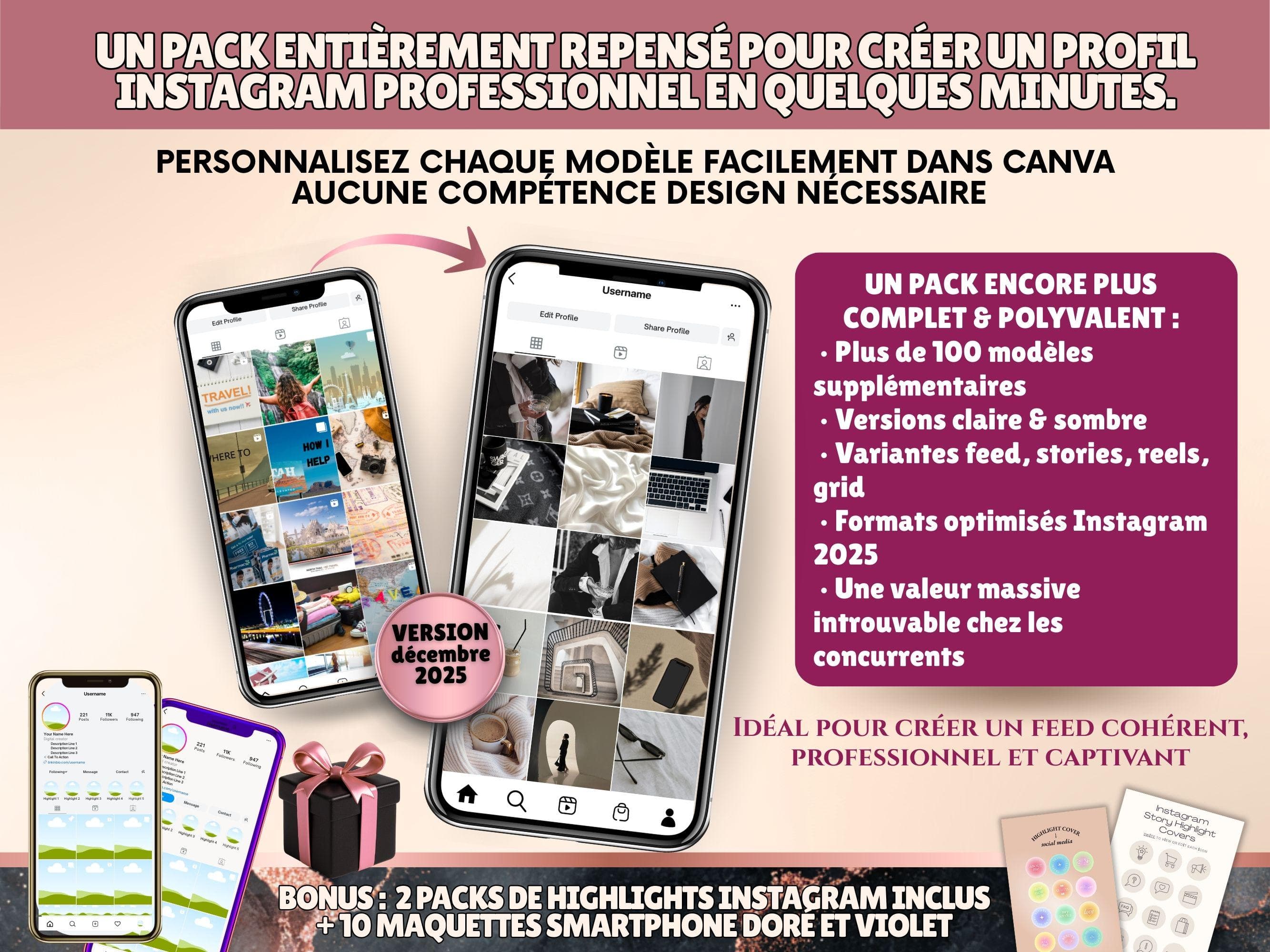 138 maquettes de profil Instagram éditables dans Canva | Mockups de feed, grille, réels, posts & stories | Pack branding avec licence PLR - image 3