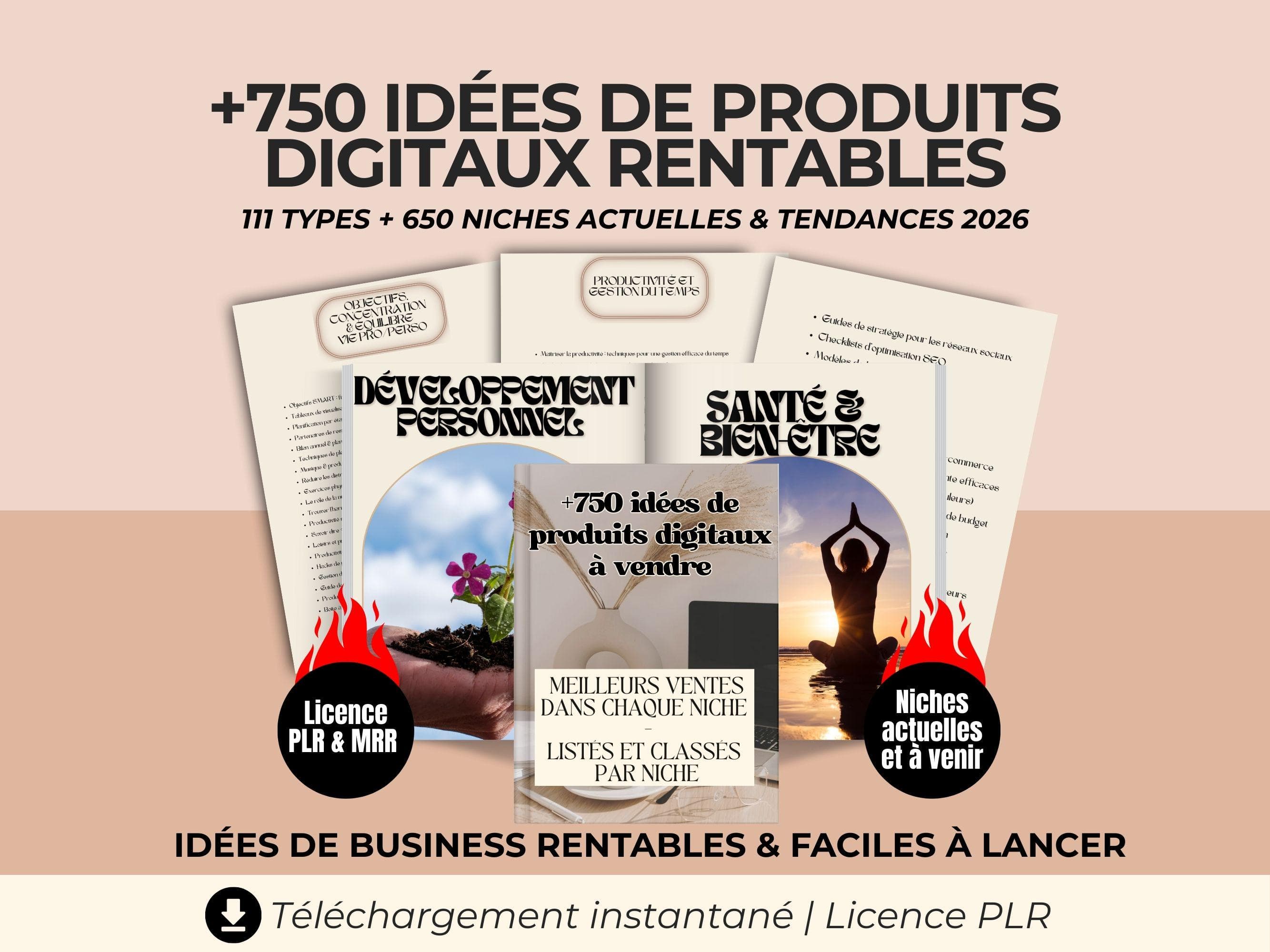 750+ idées de produits digitaux à créer et vendre pour générer des revenus passifs | niches rentables | best seller à vendre, PLR français. Ebook en français contenant plus de 750 idées de produits digitaux rentables, 111 types et 650 niches actuelles et tendances 2026. Ressource PLR pour lancer un business en ligne rentable et générer des revenus  pasifs avec téléchargement instantané.