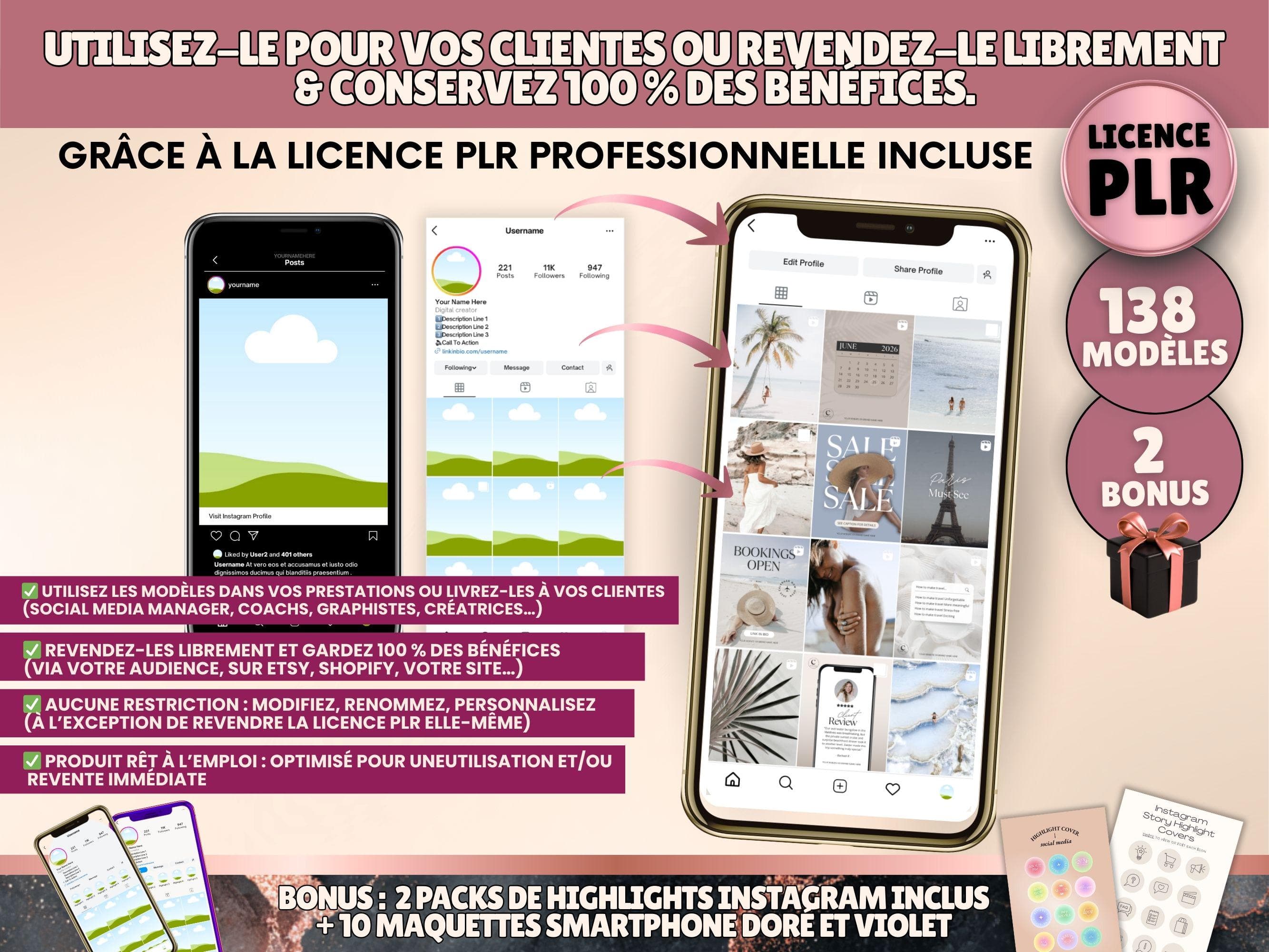 Mockup montrant les templates Instagram grid et feed du pack de 128 modèles Canva avec licence PLR.