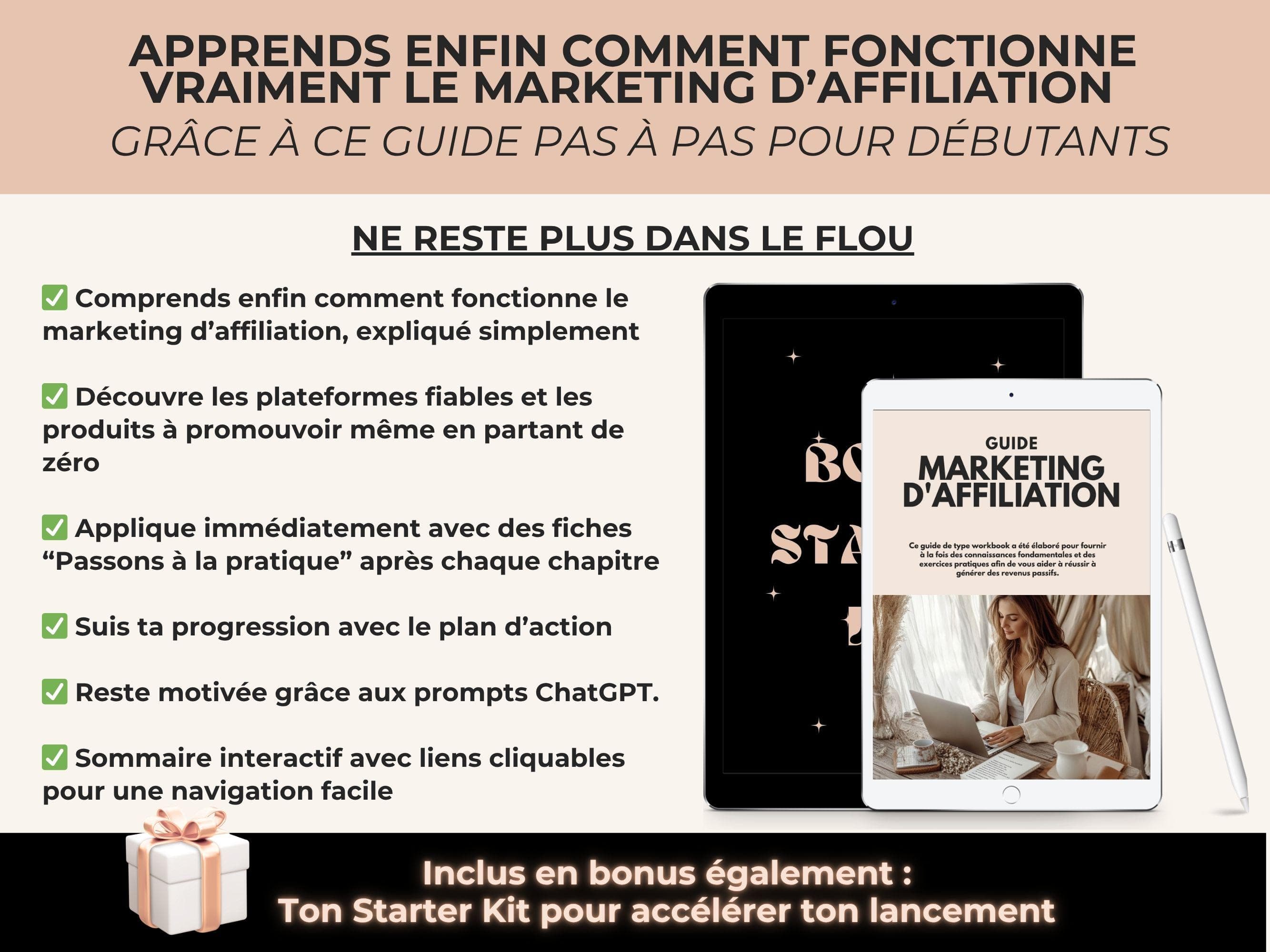 Aperçu des premières pages du guide expliquant les bases du marketing d’affiliation avec exemples simples, en français, destiné aux débutantes.