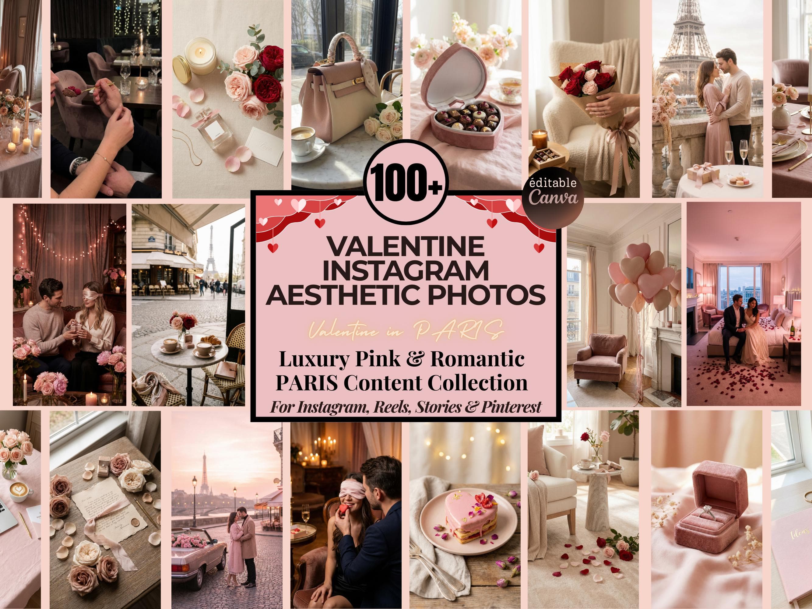 Valentine's day photos in Paris | 120 luxury blush pink romantic images | reel Instagram cover | photos paris, mrr plr resell