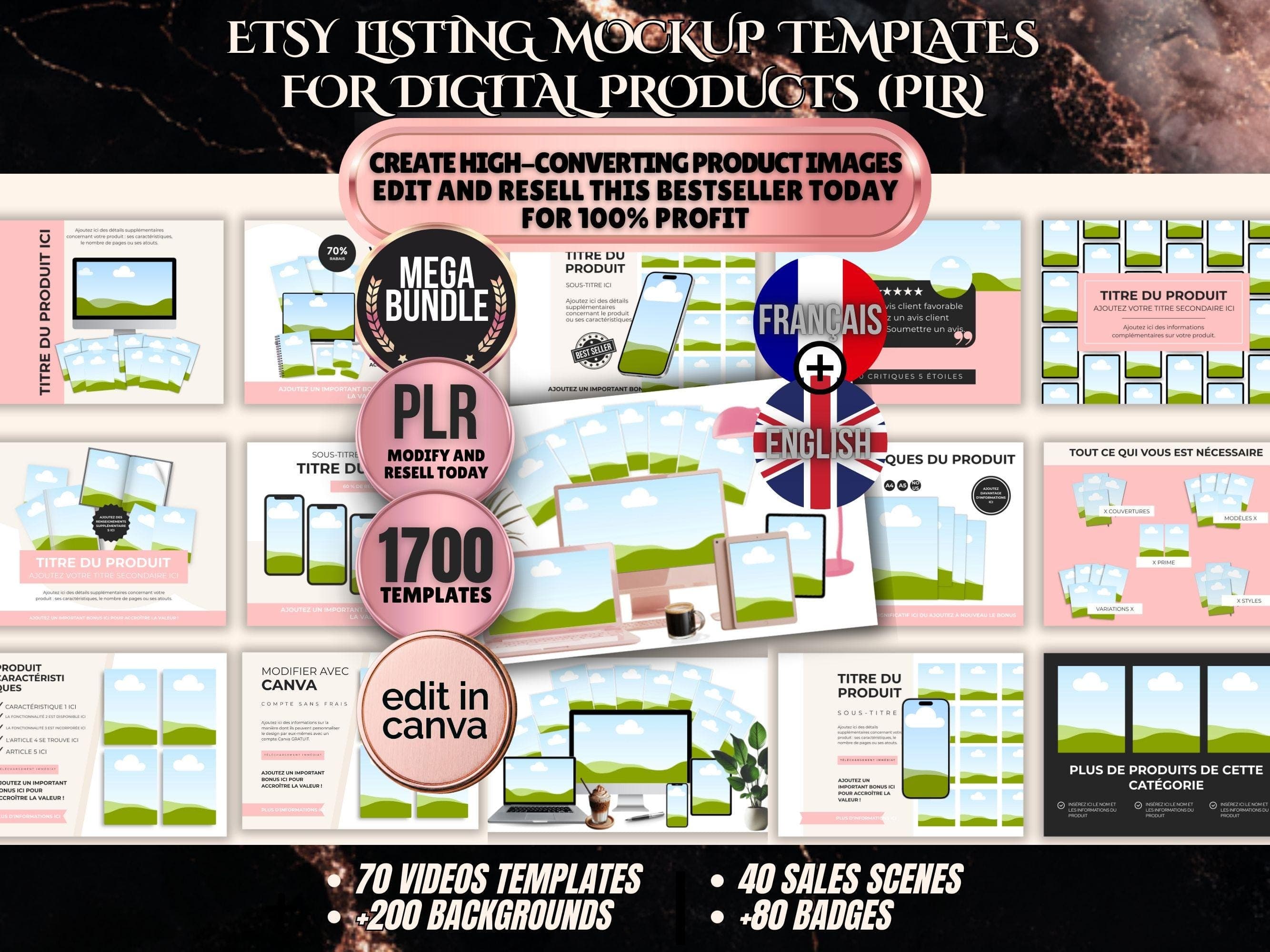 Etsy Listing Mockup Templates for Digital Products (PLR) | 1700+ Editable Canva Product Image & Video Mockups, Pink bundle for etsy seller