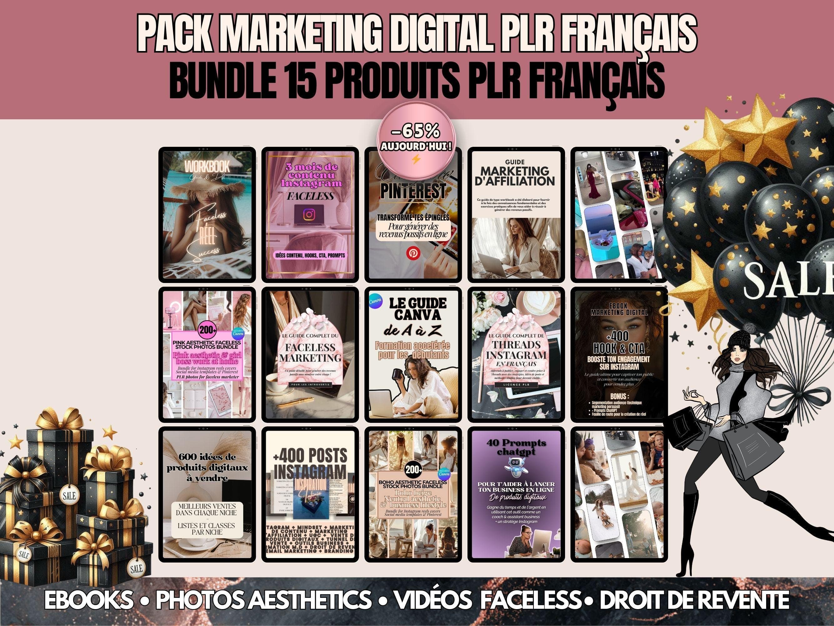 Pack marketing digital PLR Français, Bundle faceless marketing, 15 Produits digitaux avec droit de revente, Ebook business sur Instagram