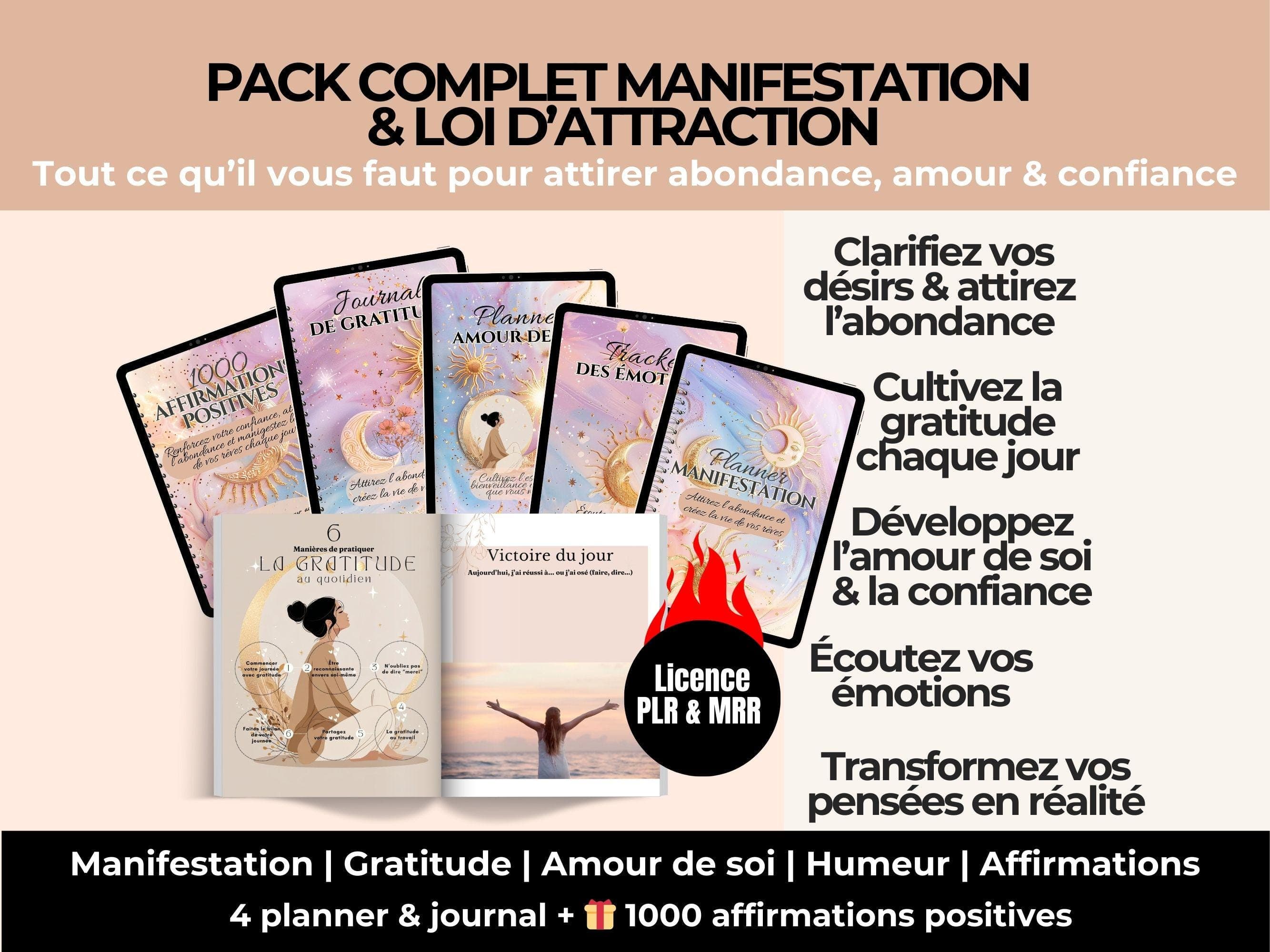 Planner manifestation loi d’attraction, journal de gratitude, planner amour de soi, affirmation positive, ebook PLR développement personnel