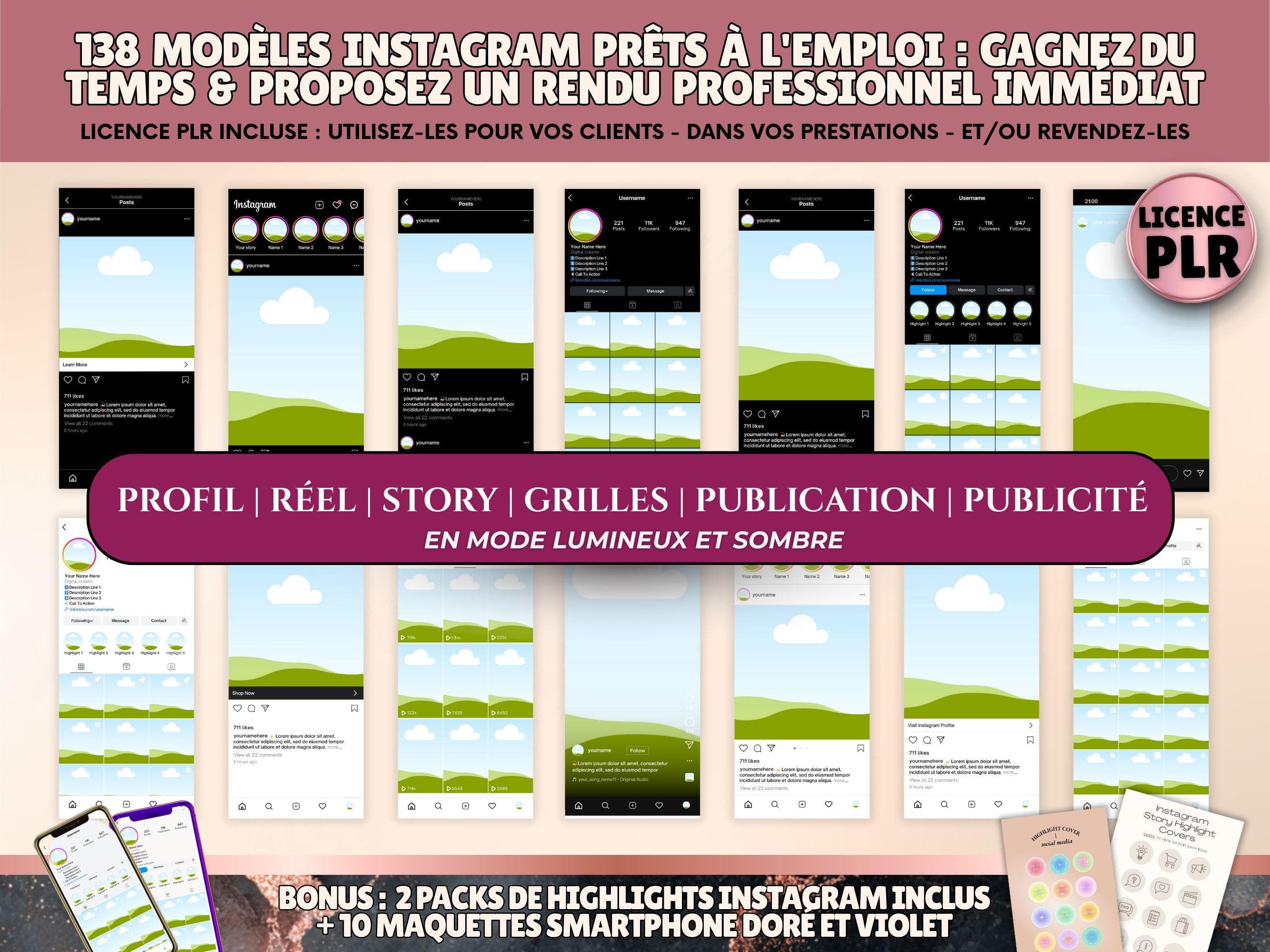 Présentation visuelle des modèles Instagram pour reels, stories et publications dans le pack Canva PLR.