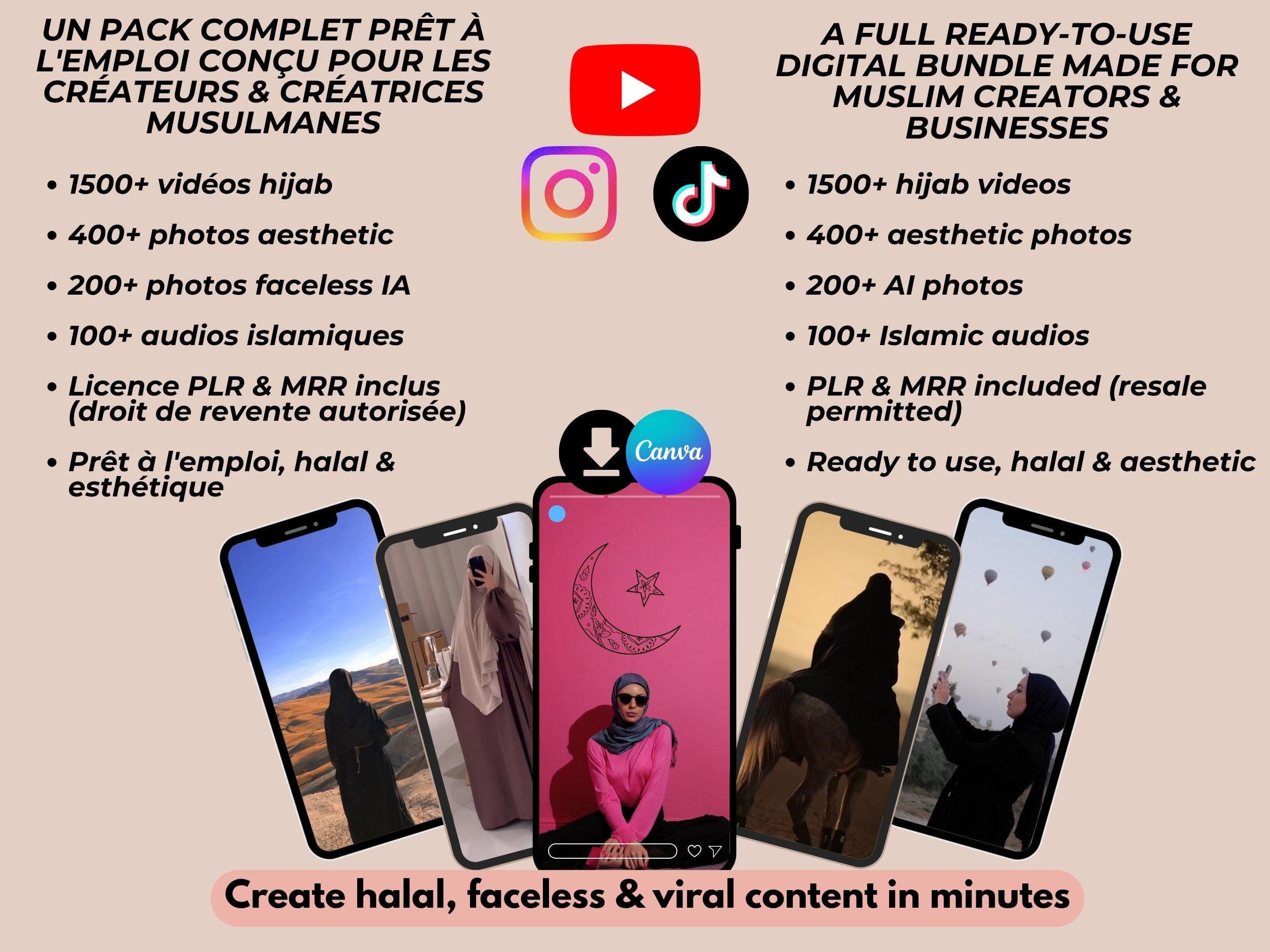 pack complet pour créateur musulman et créatrice faceless pratiquant le faceless marketing : inclus 1500 vidéos musilm hijab, 600 photos aesthetic, plus de 100 audios et la licence plr