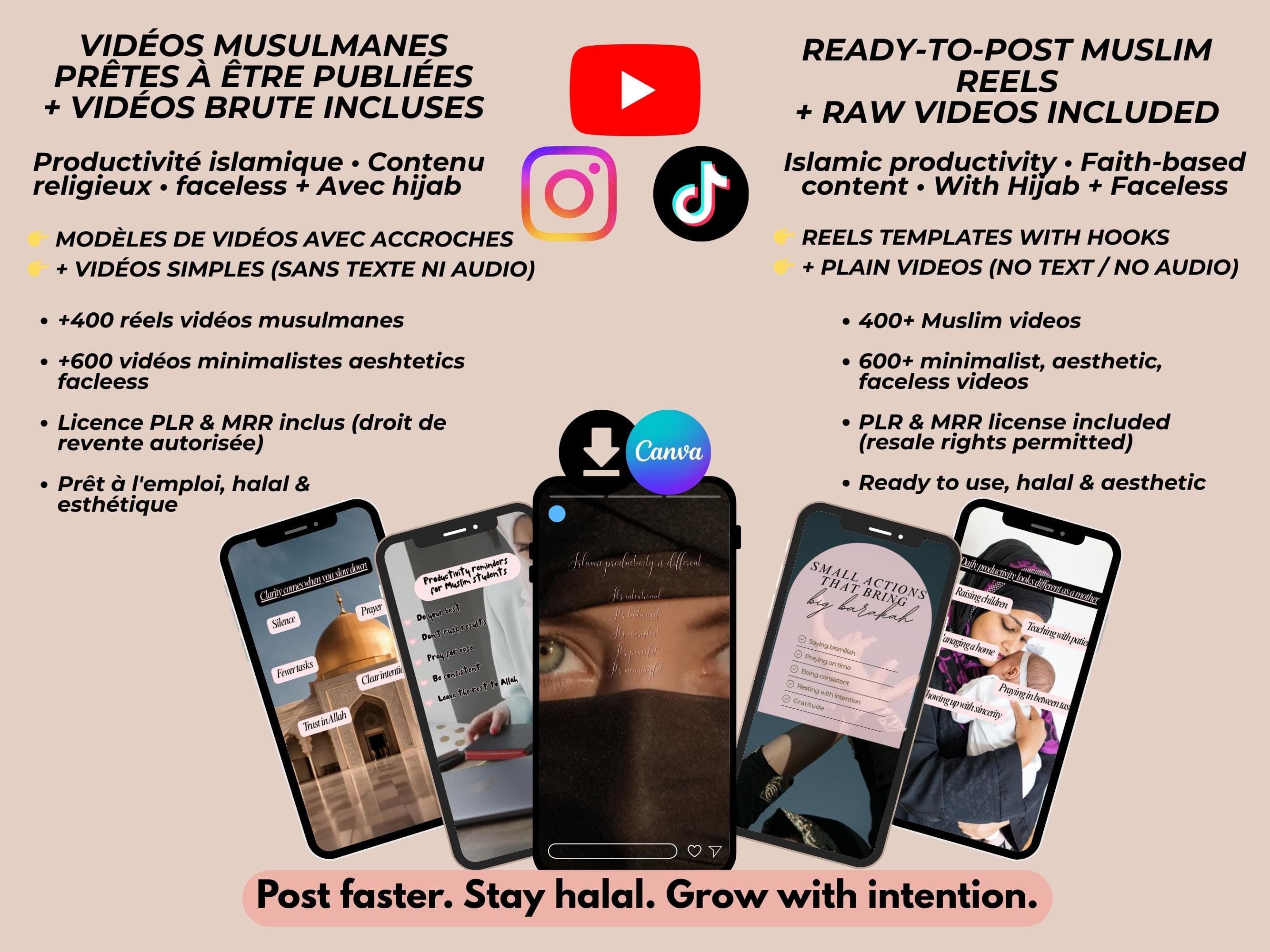 Muslim reels optimized for Instagram TikTok and Pinterest, halal faceless video content for Muslim creators