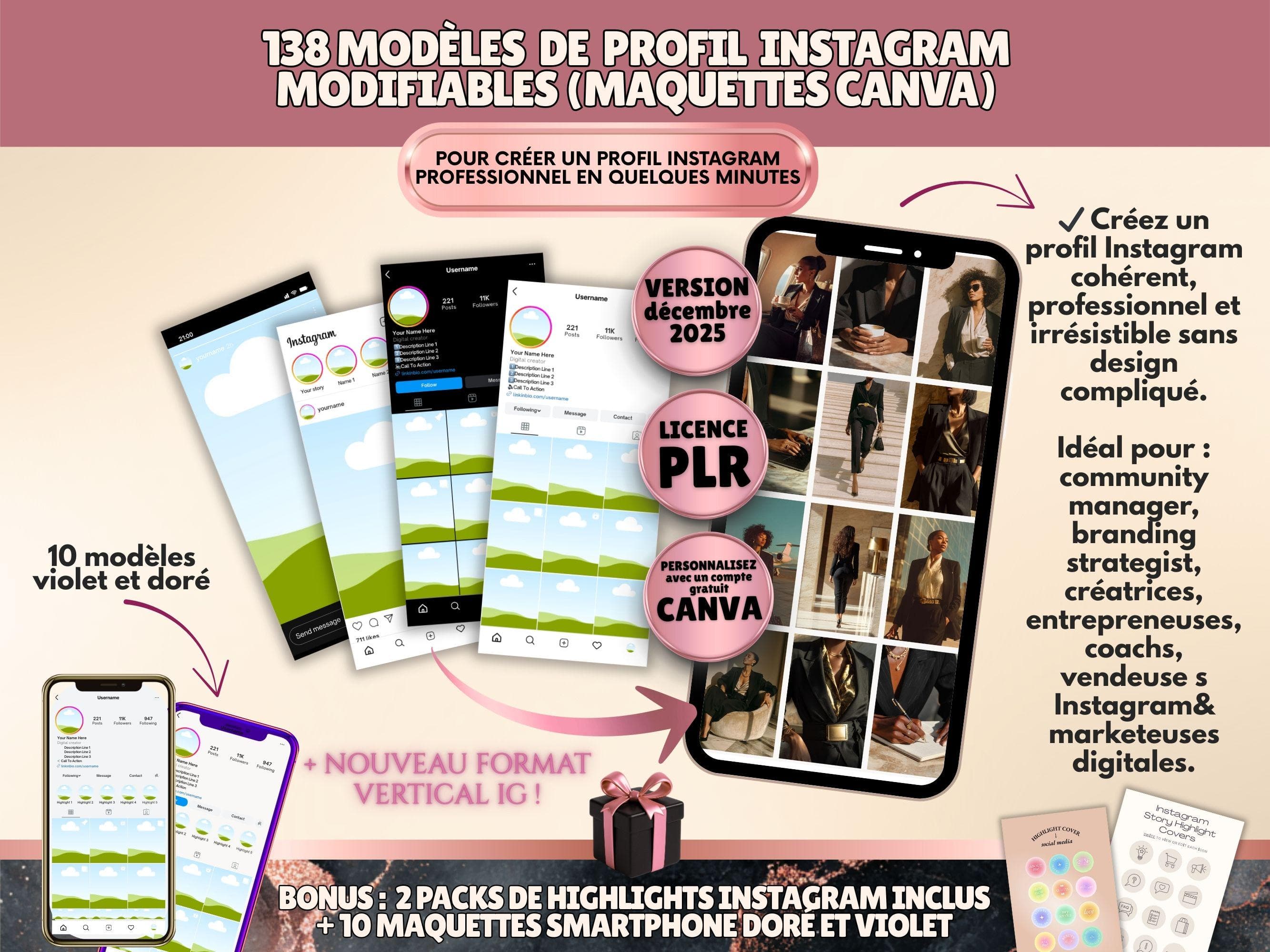 138 maquettes de profil Instagram éditables dans Canva | Mockups de feed, grille, réels, posts & stories | Pack branding avec licence PLR