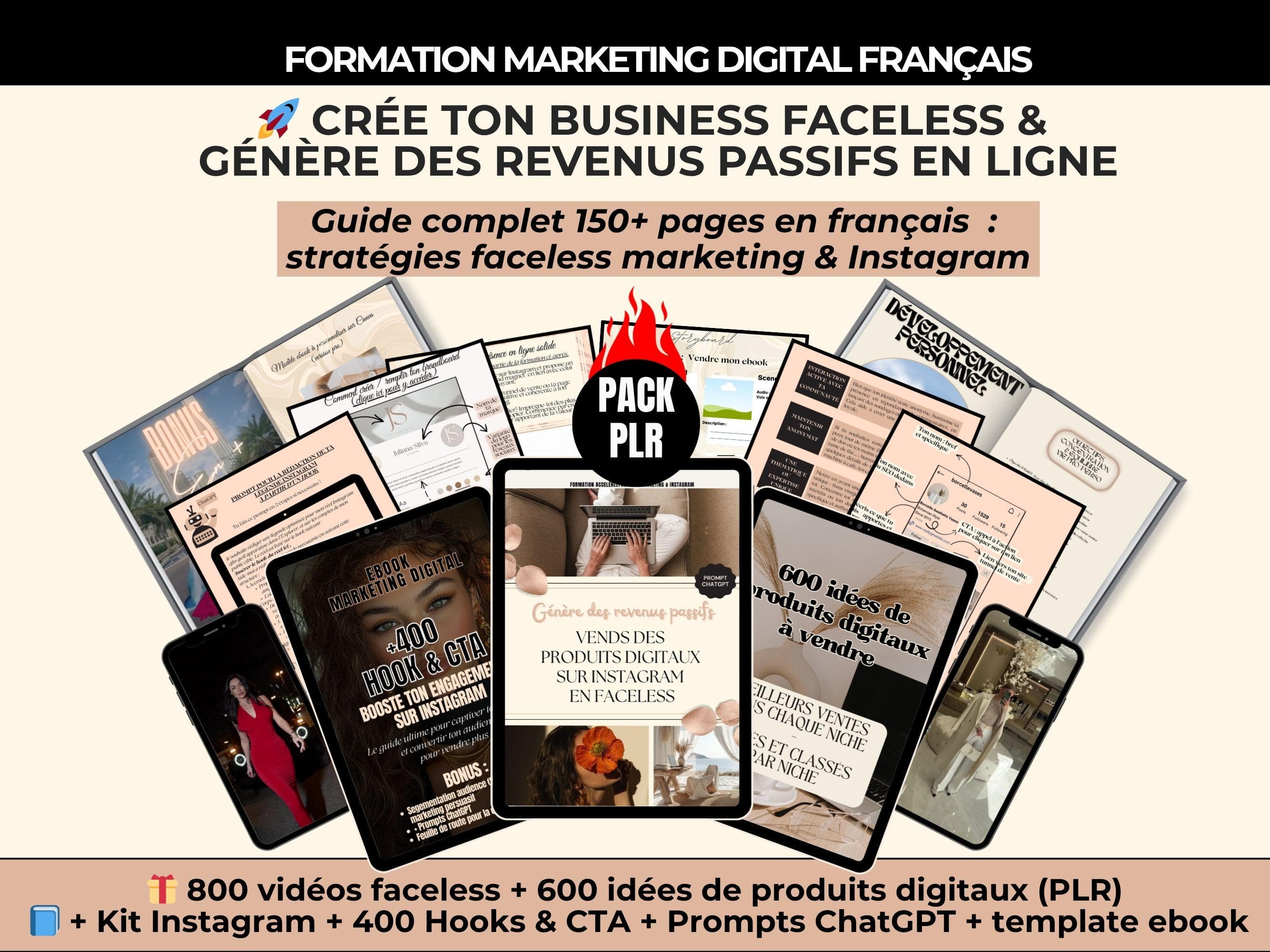 formation marketing digital plr en français, ebook faceless marketing pour vendre des produits digitaux anonymement sur Instagram, pack plr