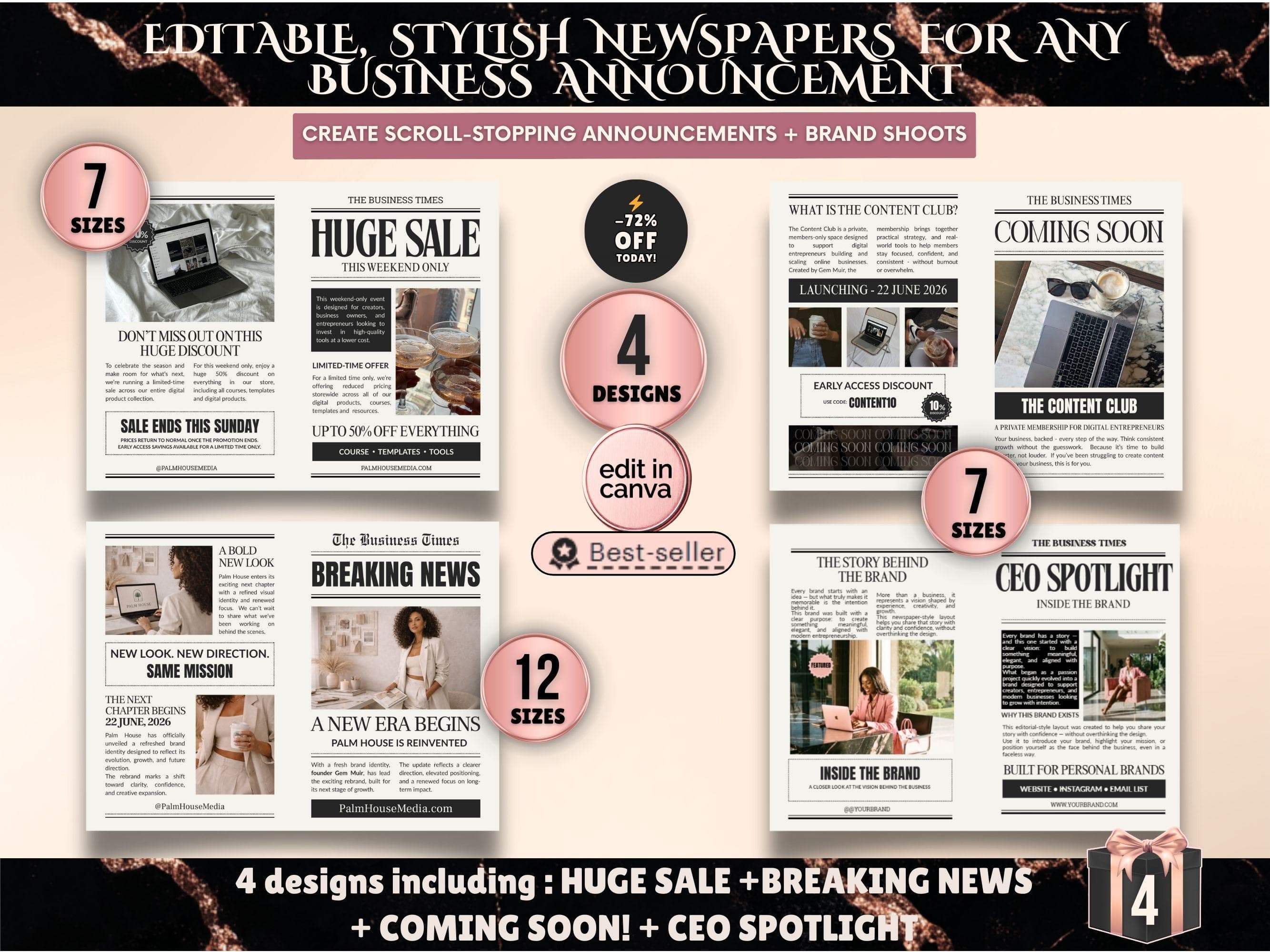 Editable press style newspaper templates Canva PLR with multiple announcement layouts for brands and resellers