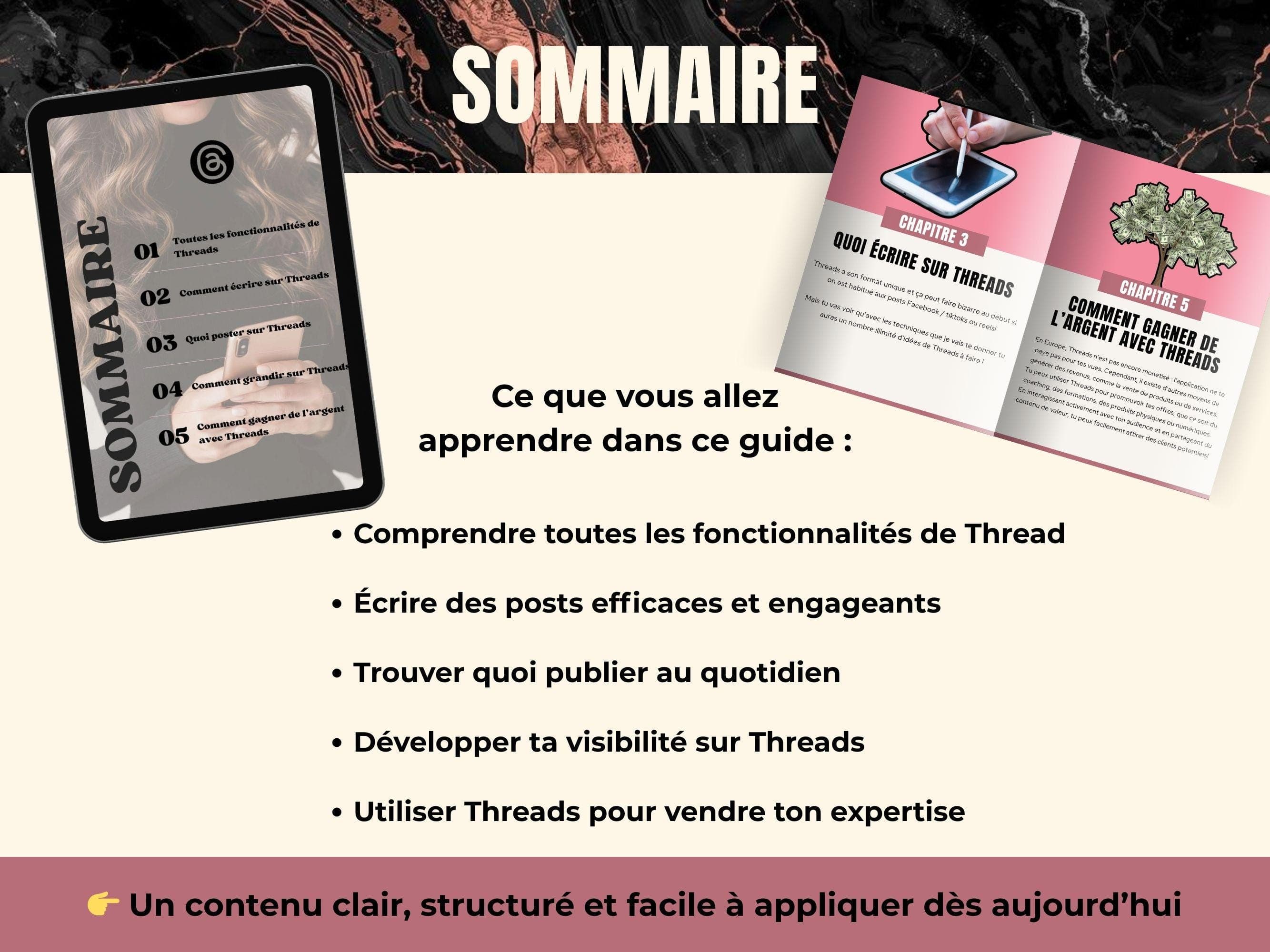 Sommaire du guide Threads Instagram en français – fonctionnalités, écriture, idées de posts, croissance et monétisation.
