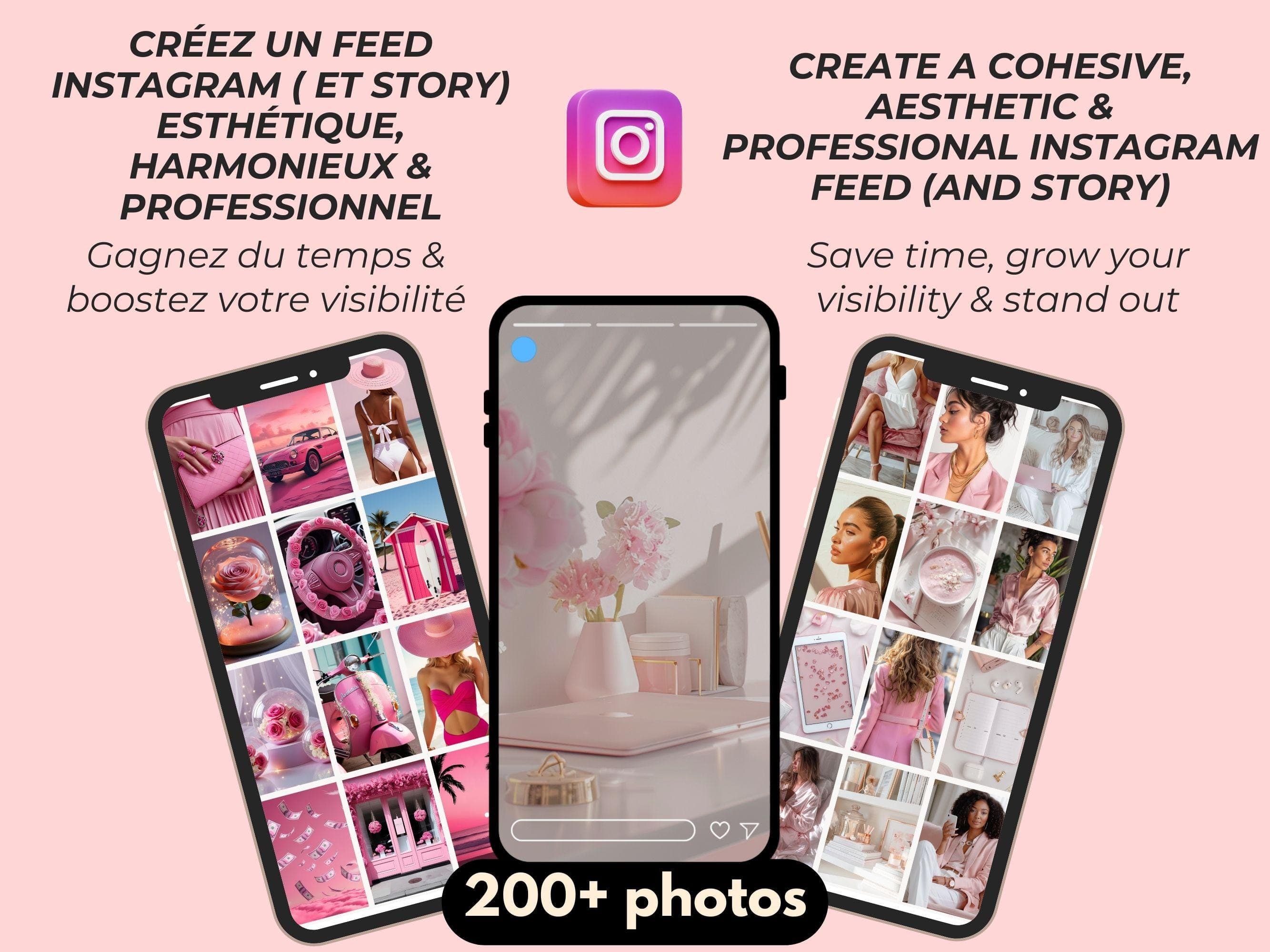 feed instagram esthétique rose dans des mockup de téléphone. pack incluant des photos de girlboss et bureau aesthetic