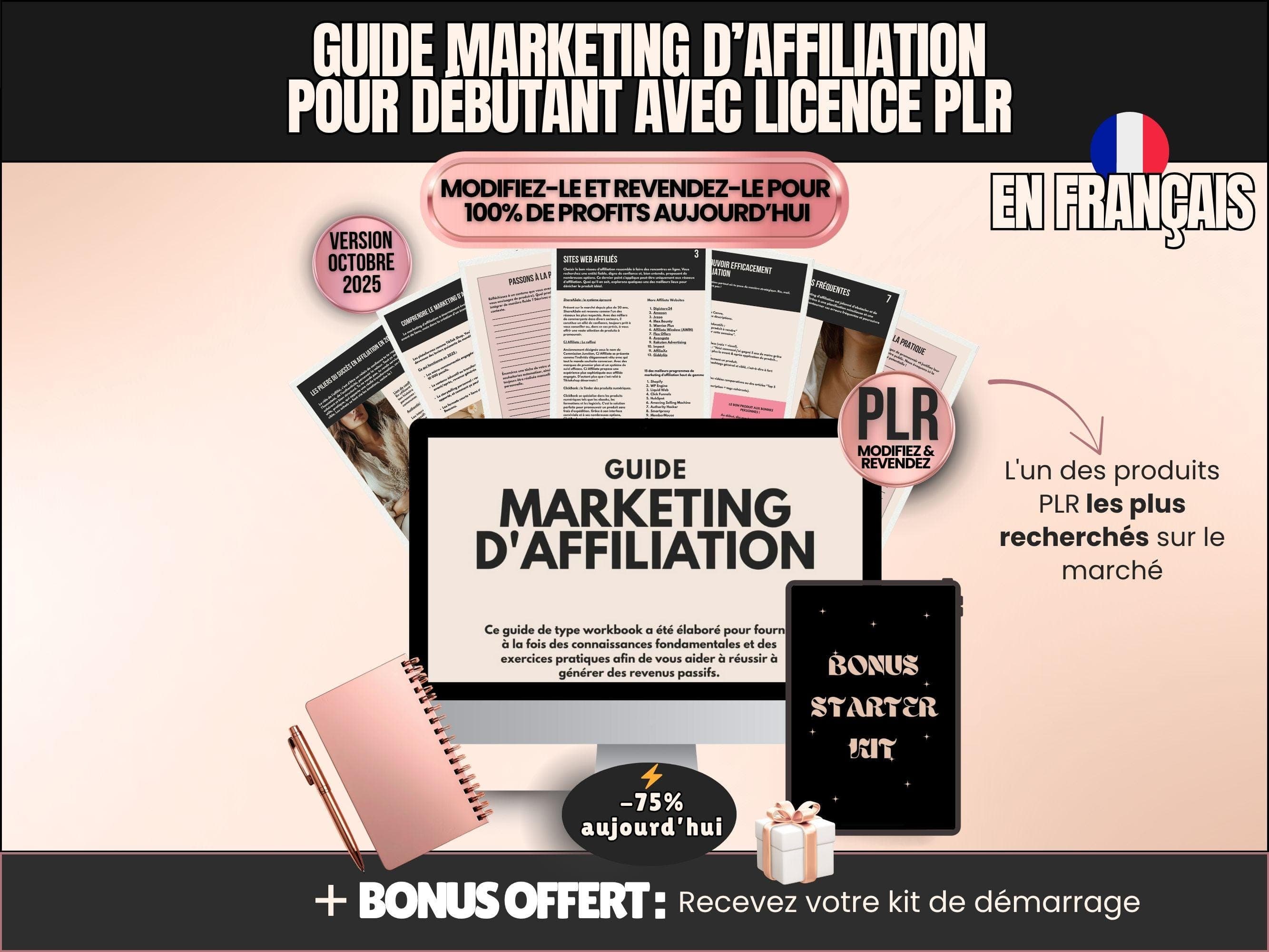 Marketing d’affiliation (ebook PLR français) Kit de démarrage affiliation avec licence PLR, guide marketing affiliation pour revenus passifs