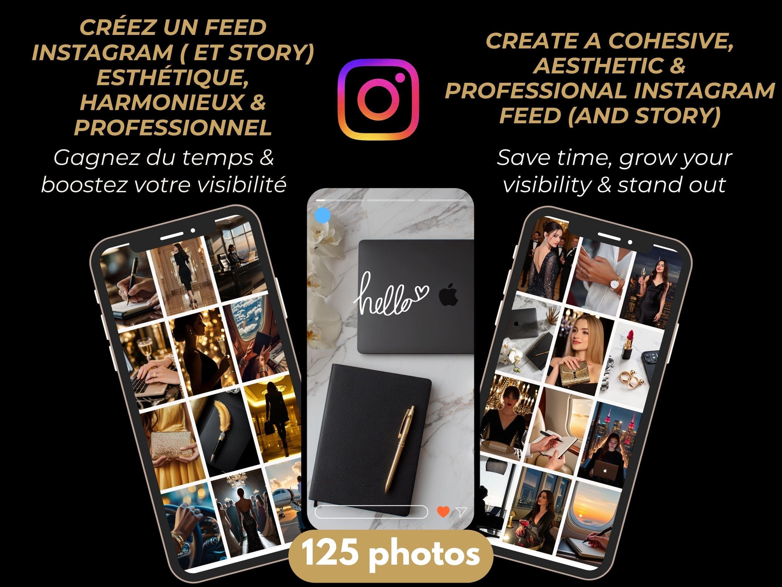 Slide montrant un feed et des stories Instagram harmonieux créés avec 125 photos faceless aux couleurs luxe noir et doré.