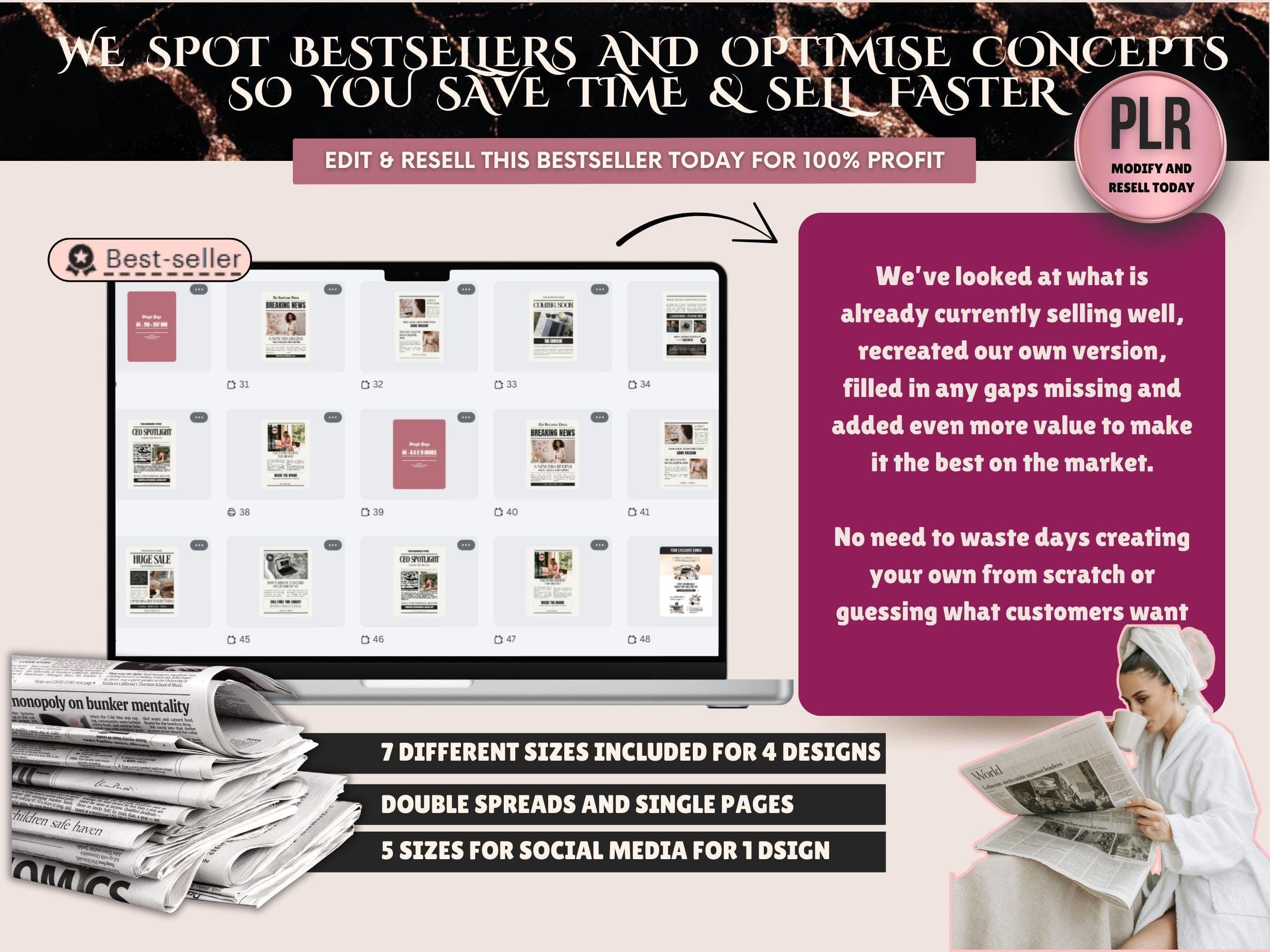 Editable business newspaper template Canva PLR showing fully customisable layouts inside Canva