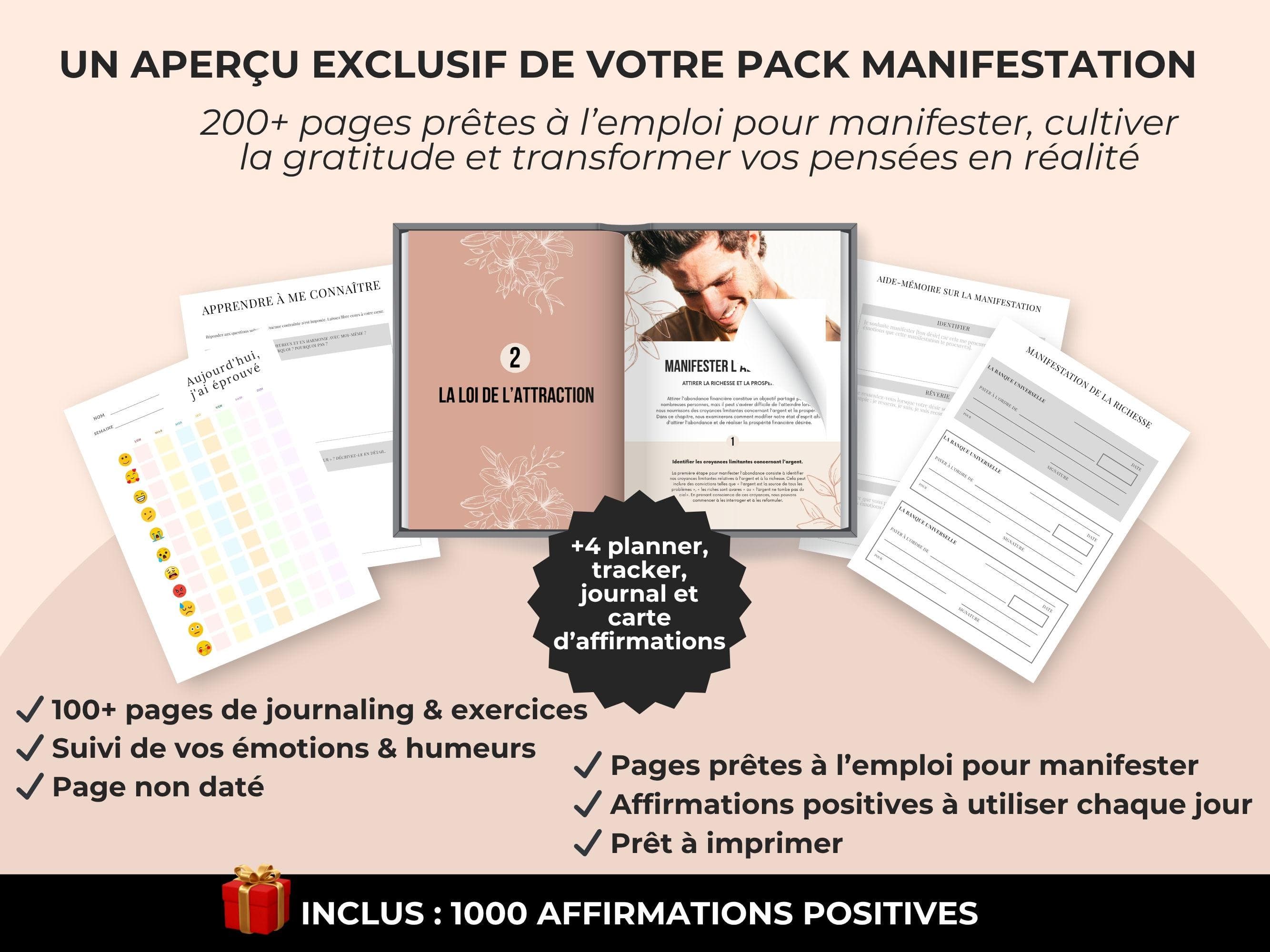 Aperçu du pack de manifestation PLR avec planners, ebook et affirmations positives à télécharger